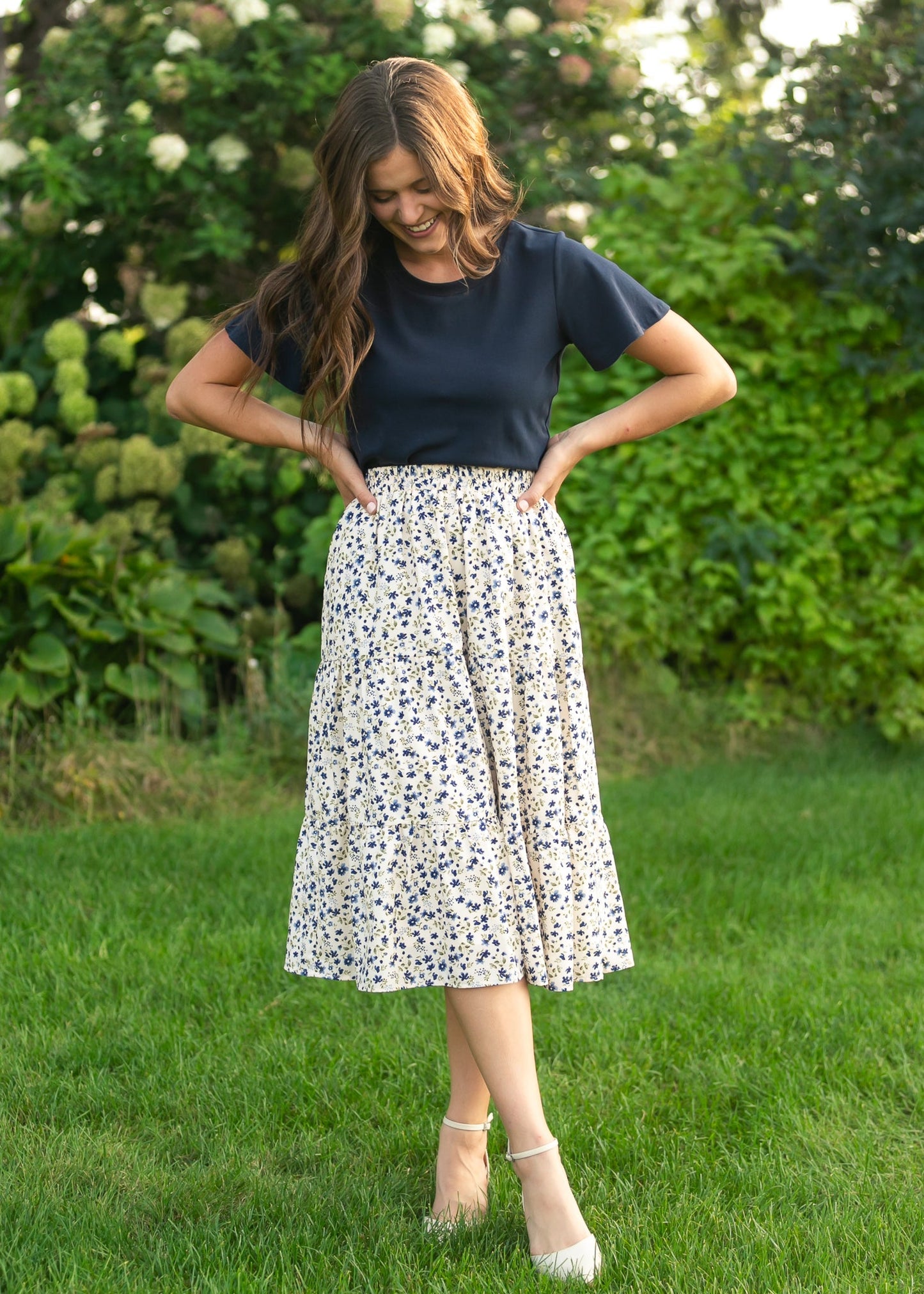 Harlow Tiered Blue Floral Midi Skirt