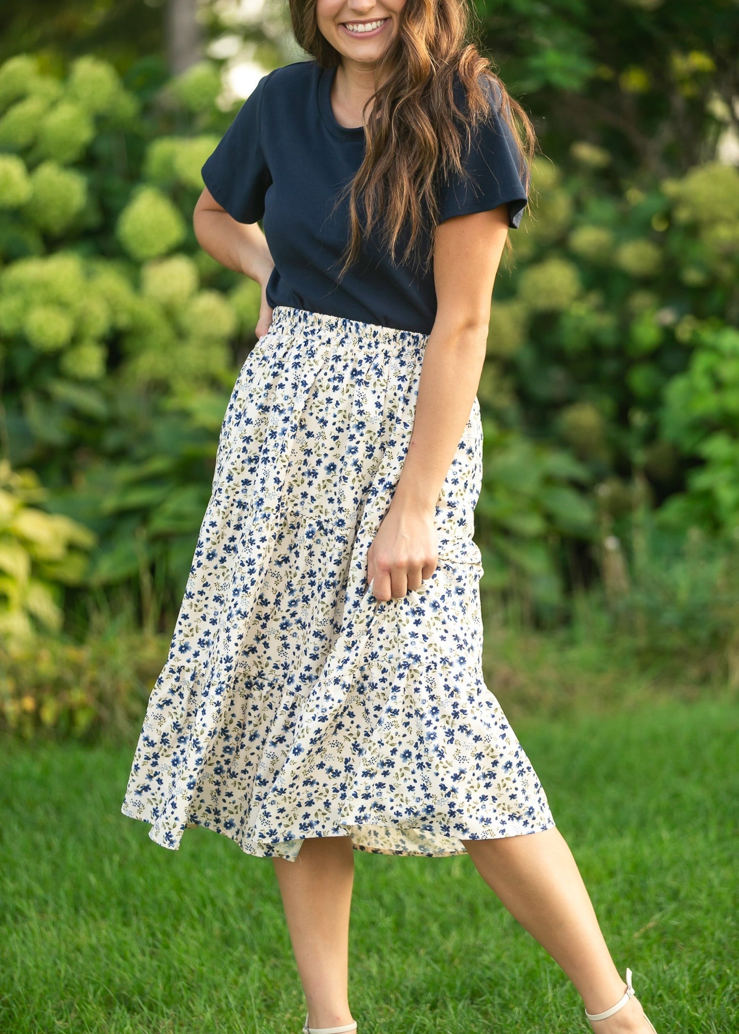 Harlow Tiered Blue Floral Midi Skirt