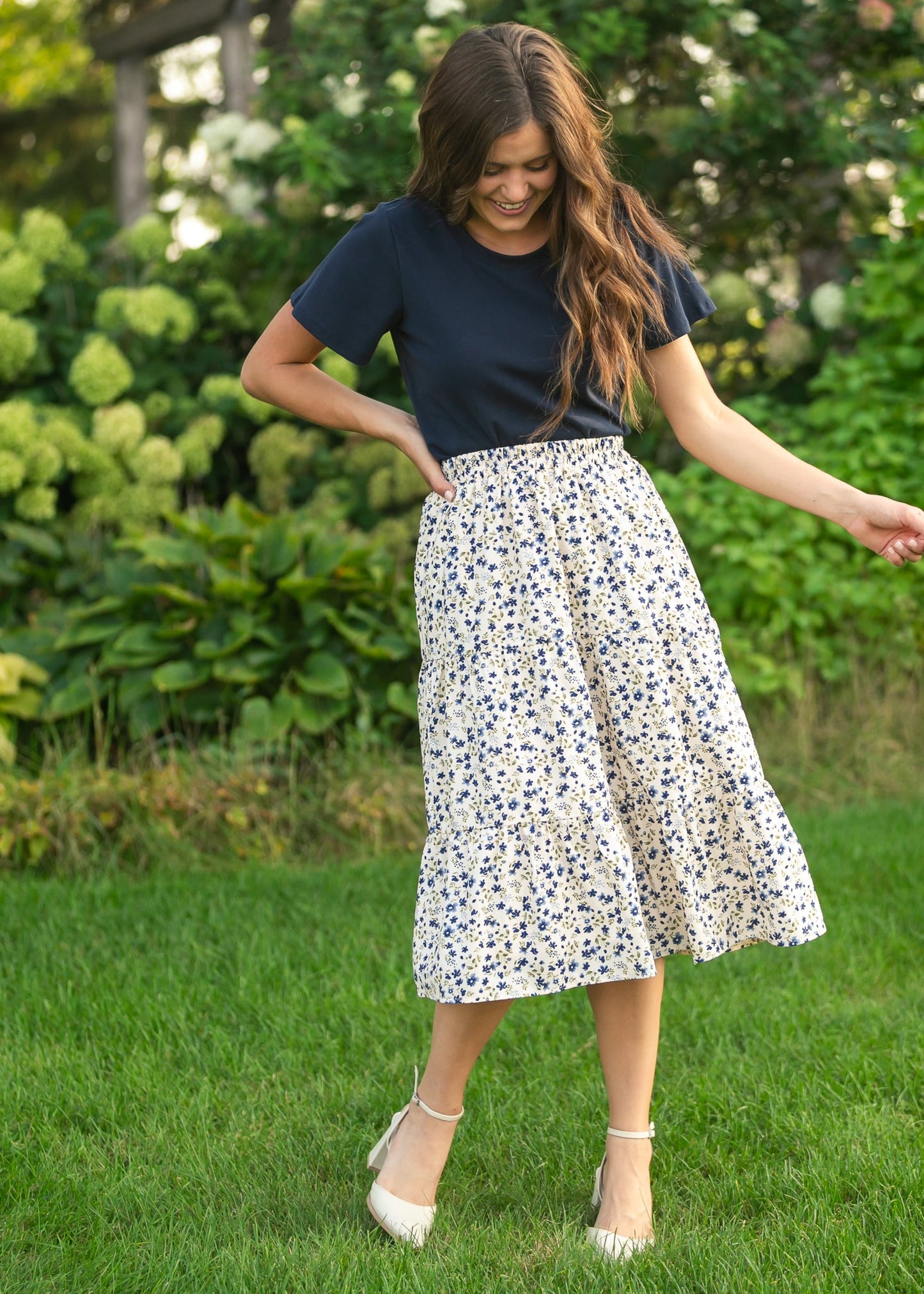 Harlow Tiered Blue Floral Midi Skirt