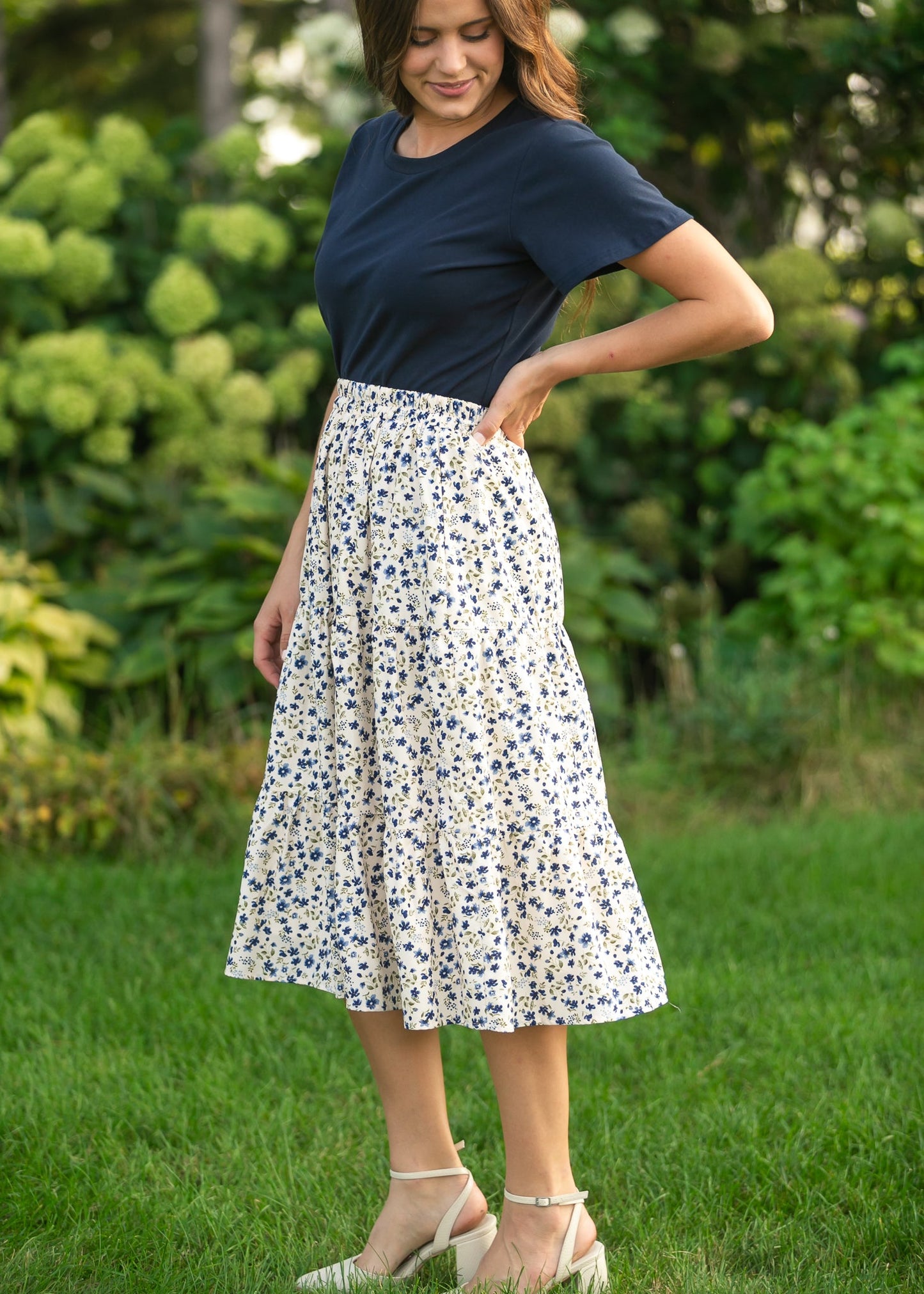 Harlow Tiered Blue Floral Midi Skirt