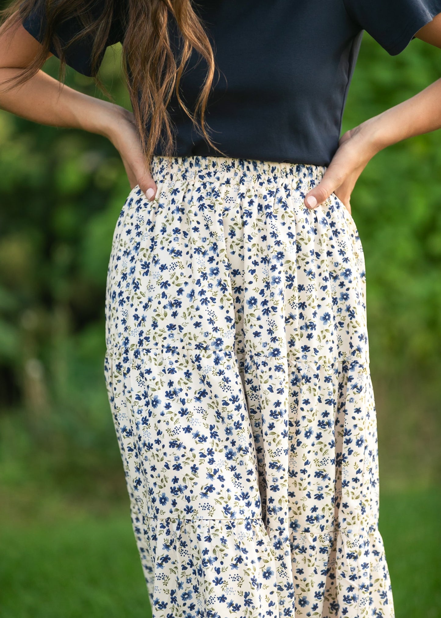 Harlow Tiered Blue Floral Midi Skirt