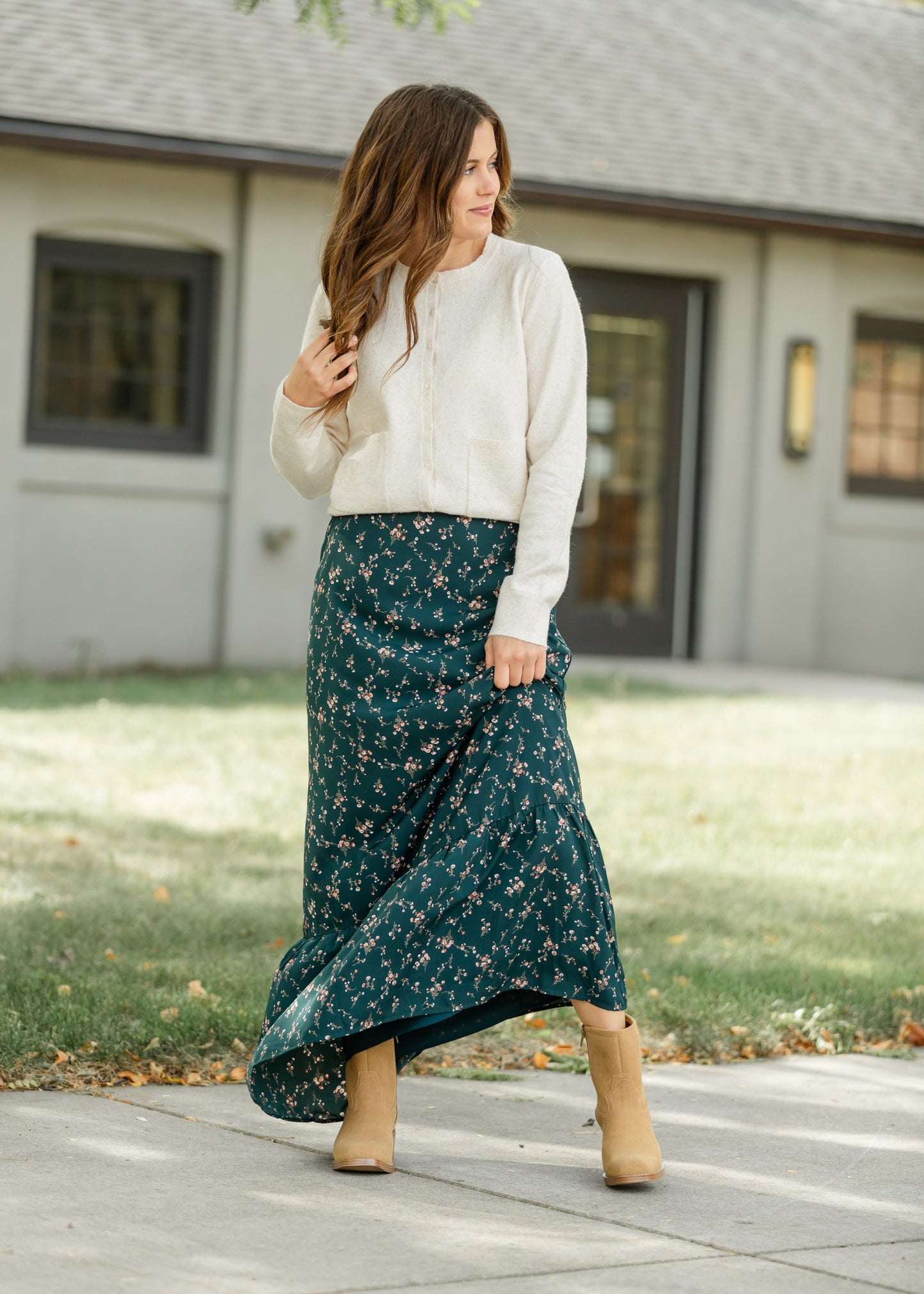 Havyn Teal Floral Lined Maxi Skirt