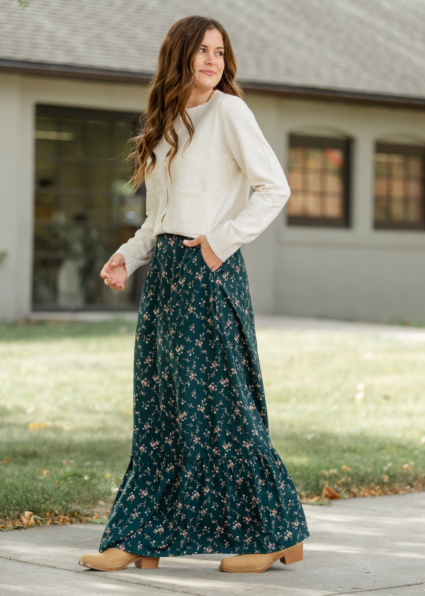 Havyn Teal Floral Lined Maxi Skirt