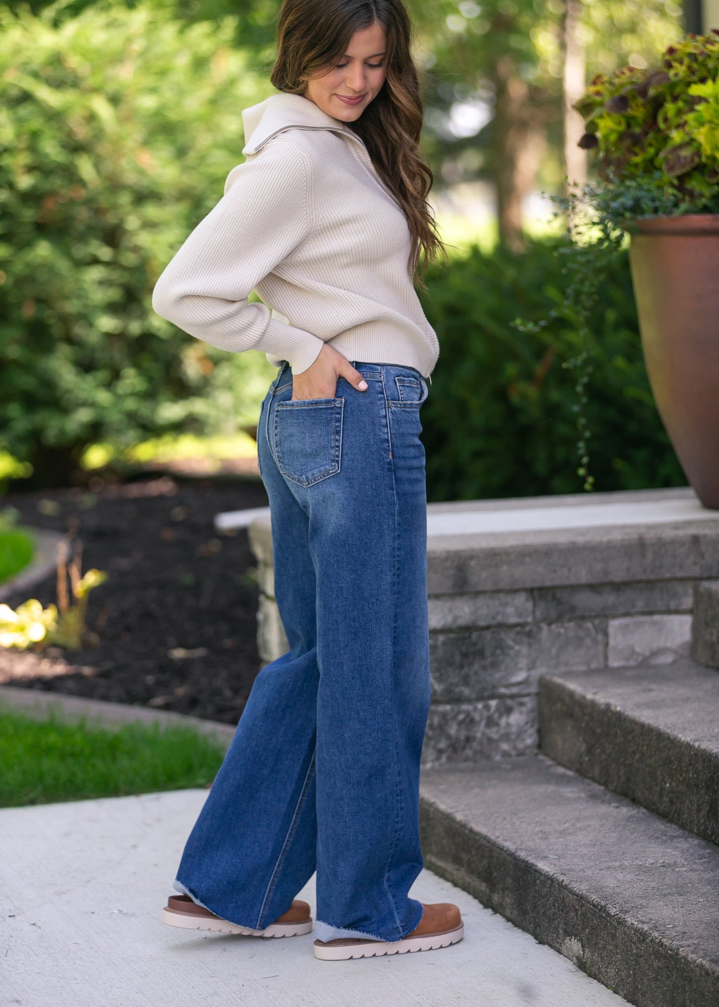 High Rise Clean Cut Raw Hem Wide Jeans