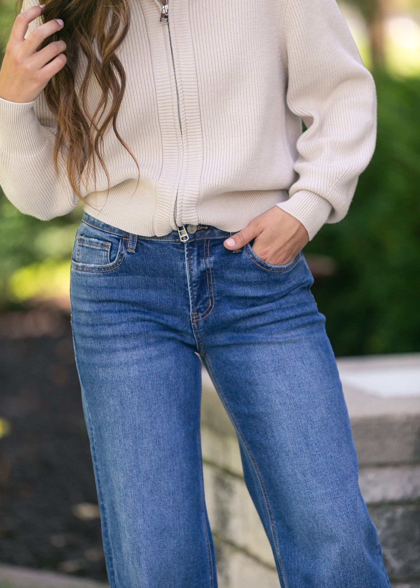 High Rise Clean Cut Raw Hem Wide Jeans