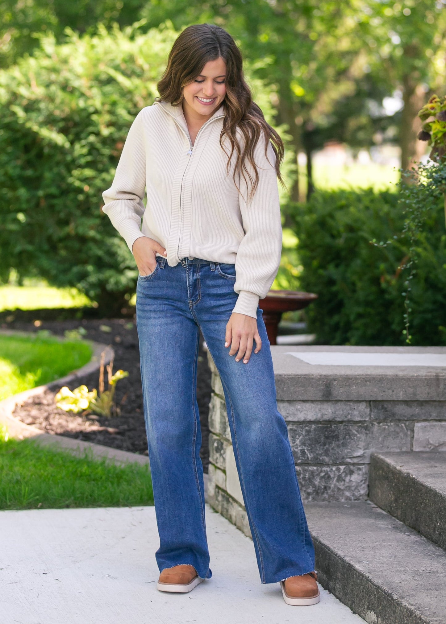 High Rise Clean Cut Raw Hem Wide Jeans