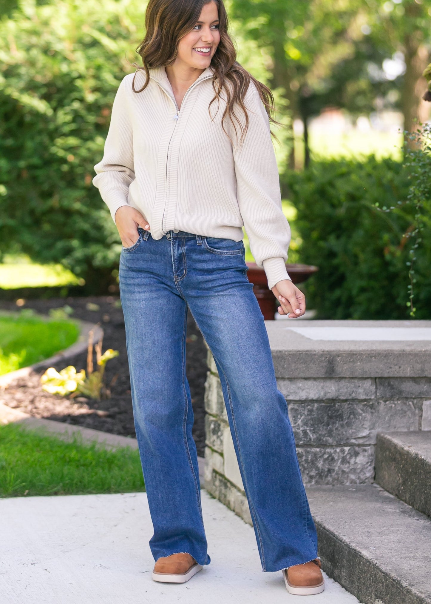 High Rise Clean Cut Raw Hem Wide Jeans