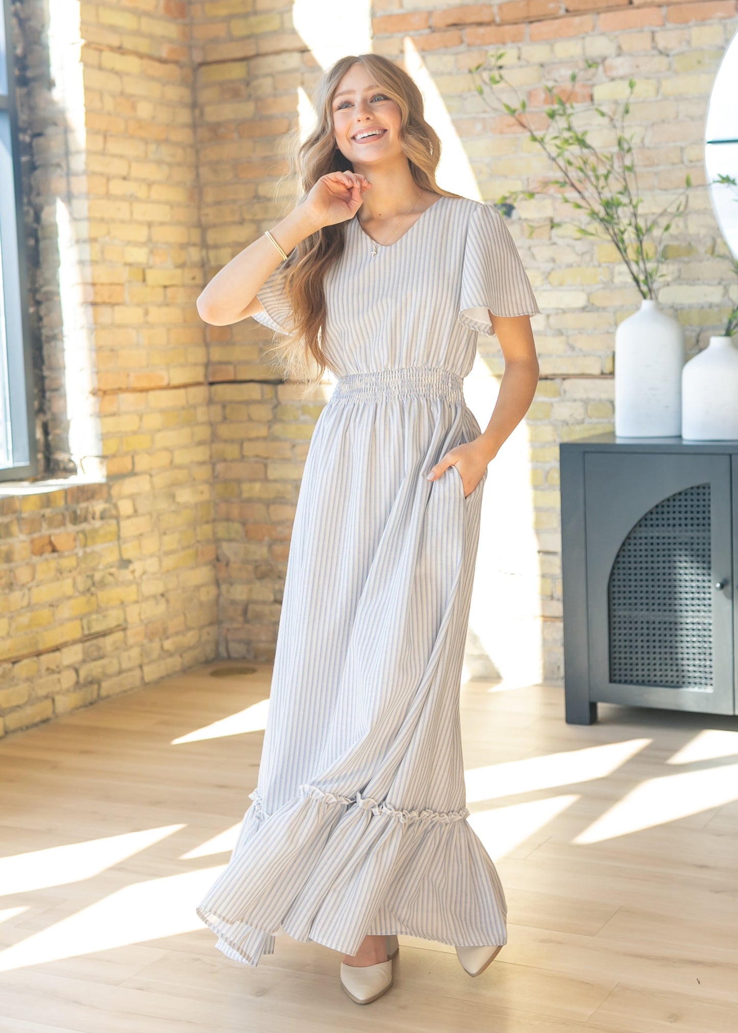 Isabella Blue Stripes V Neck Maxi Dress