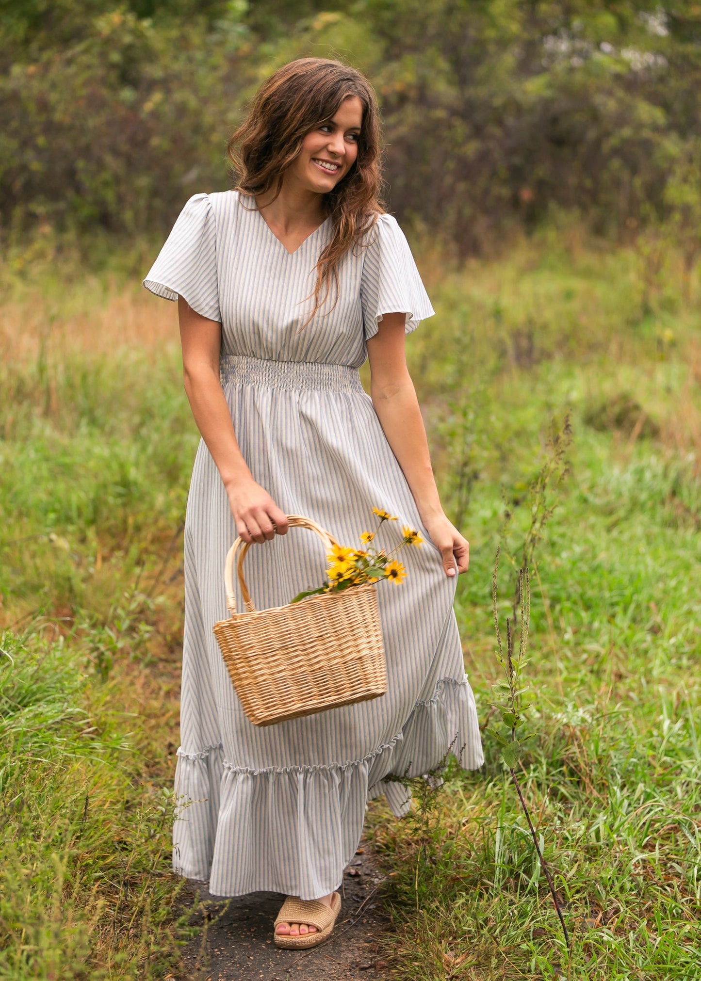Isabella Blue Stripes V Neck Maxi Dress