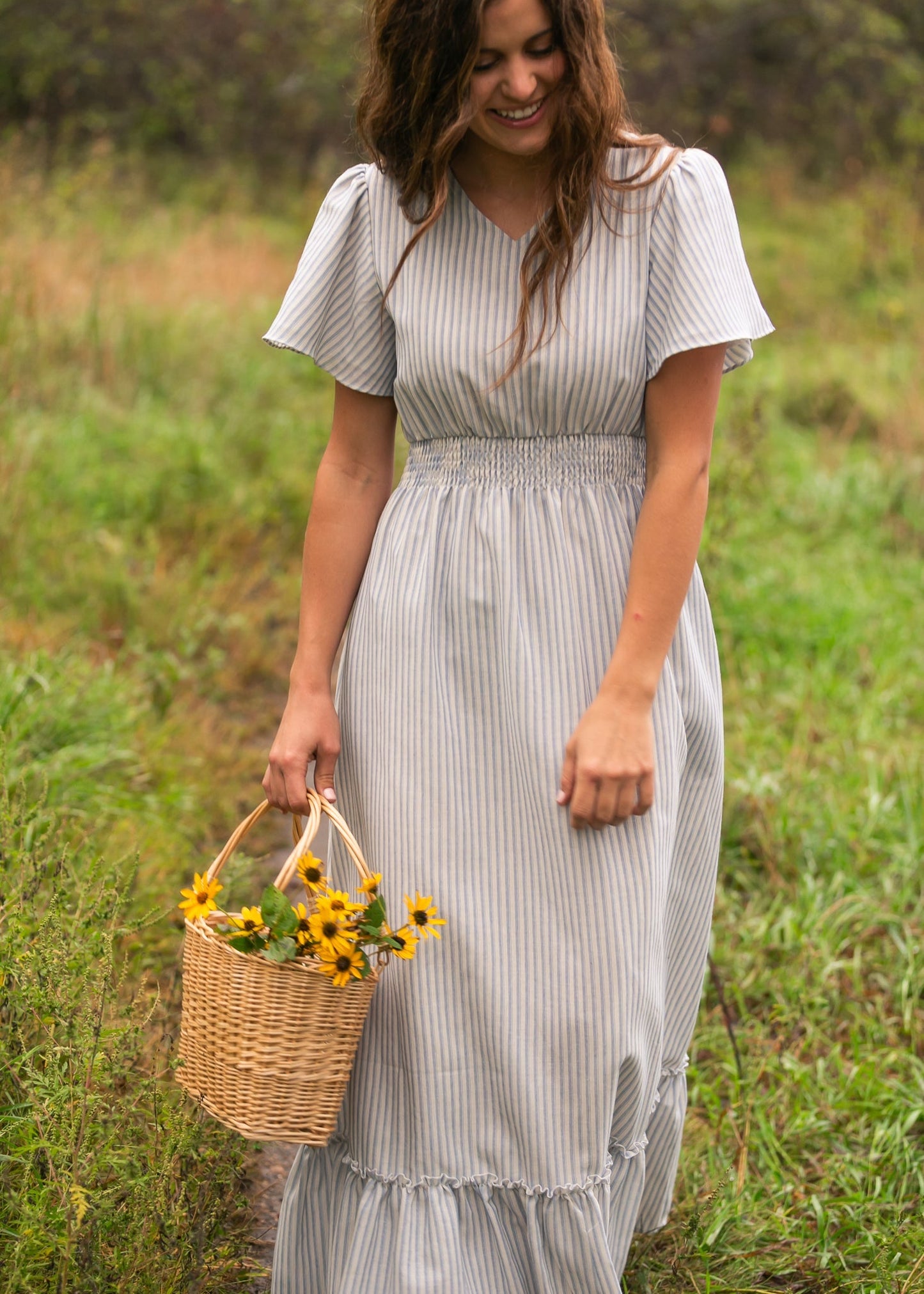Isabella Blue Stripes V Neck Maxi Dress