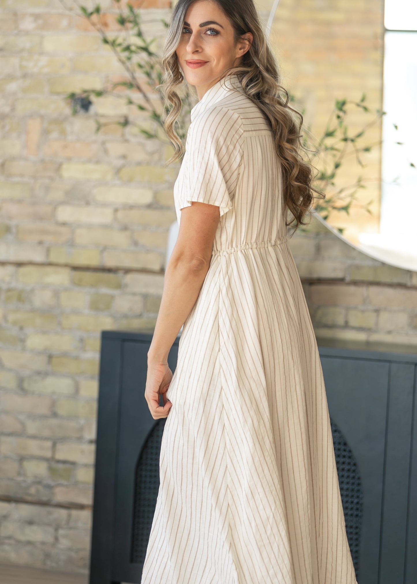 Ivory Striped Shirt Maxi Dress