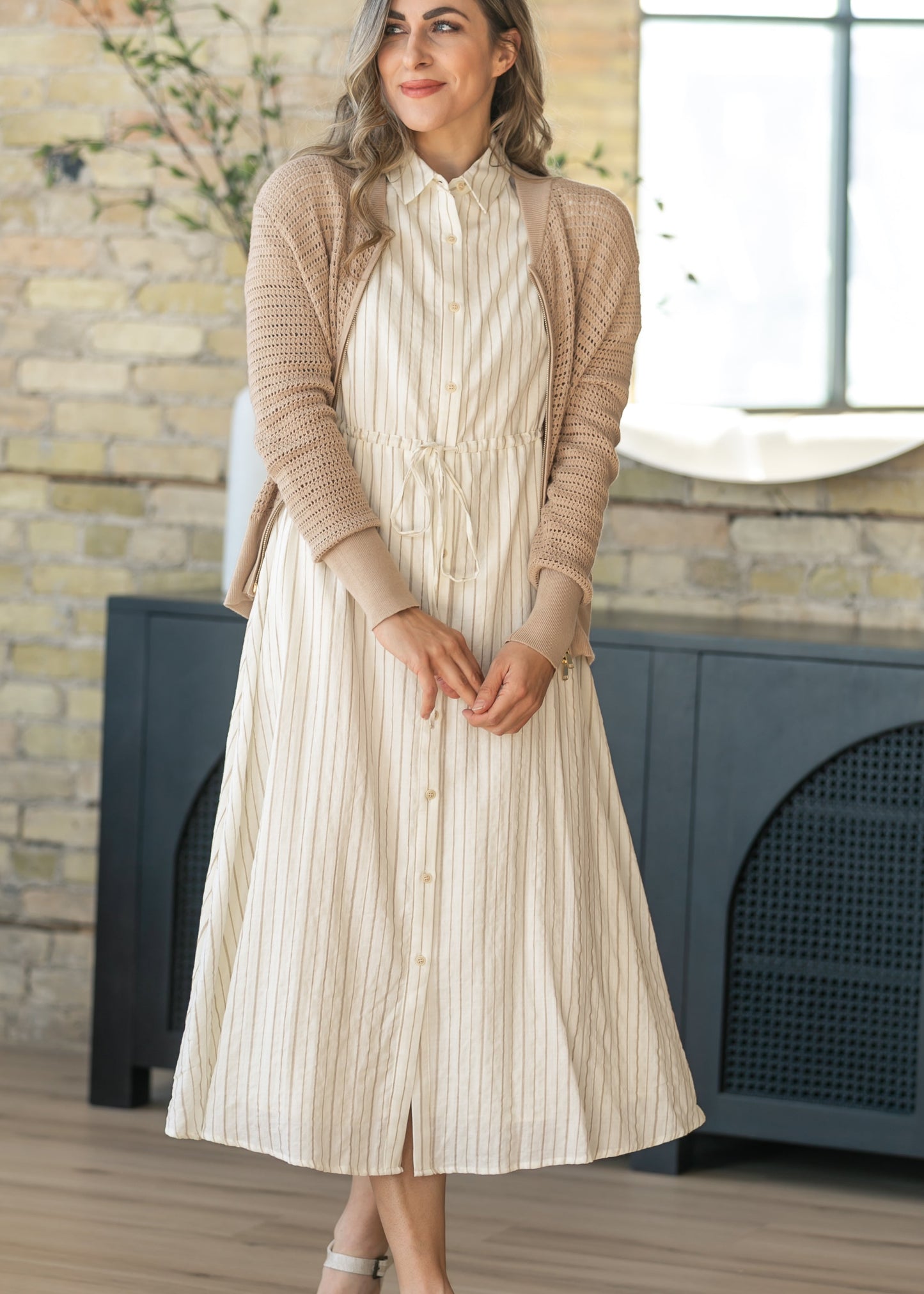 Ivory Striped Shirt Maxi Dress