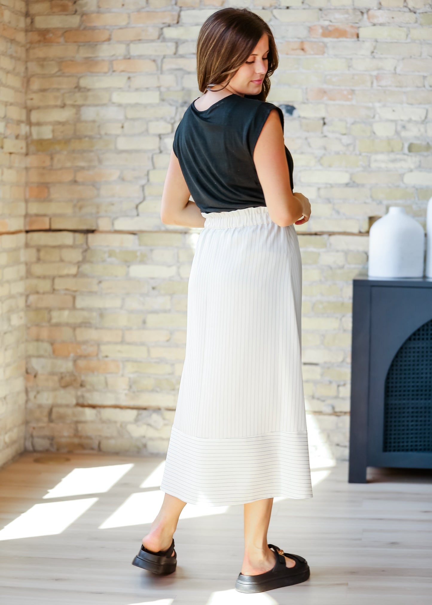 Ivy Striped Stretch Waist Midi Skirt - FINAL SALE