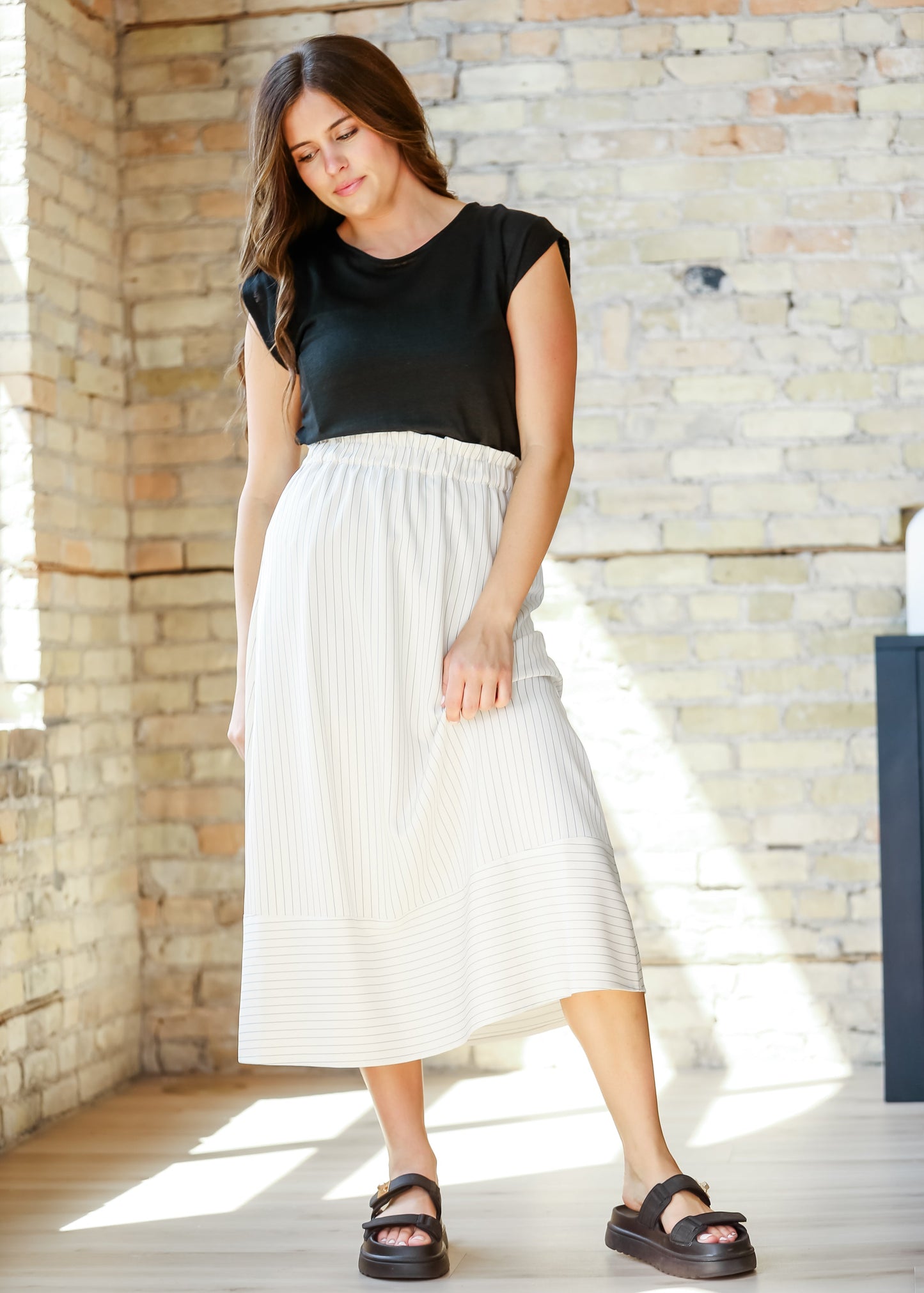 Ivy Striped Stretch Waist Midi Skirt - FINAL SALE