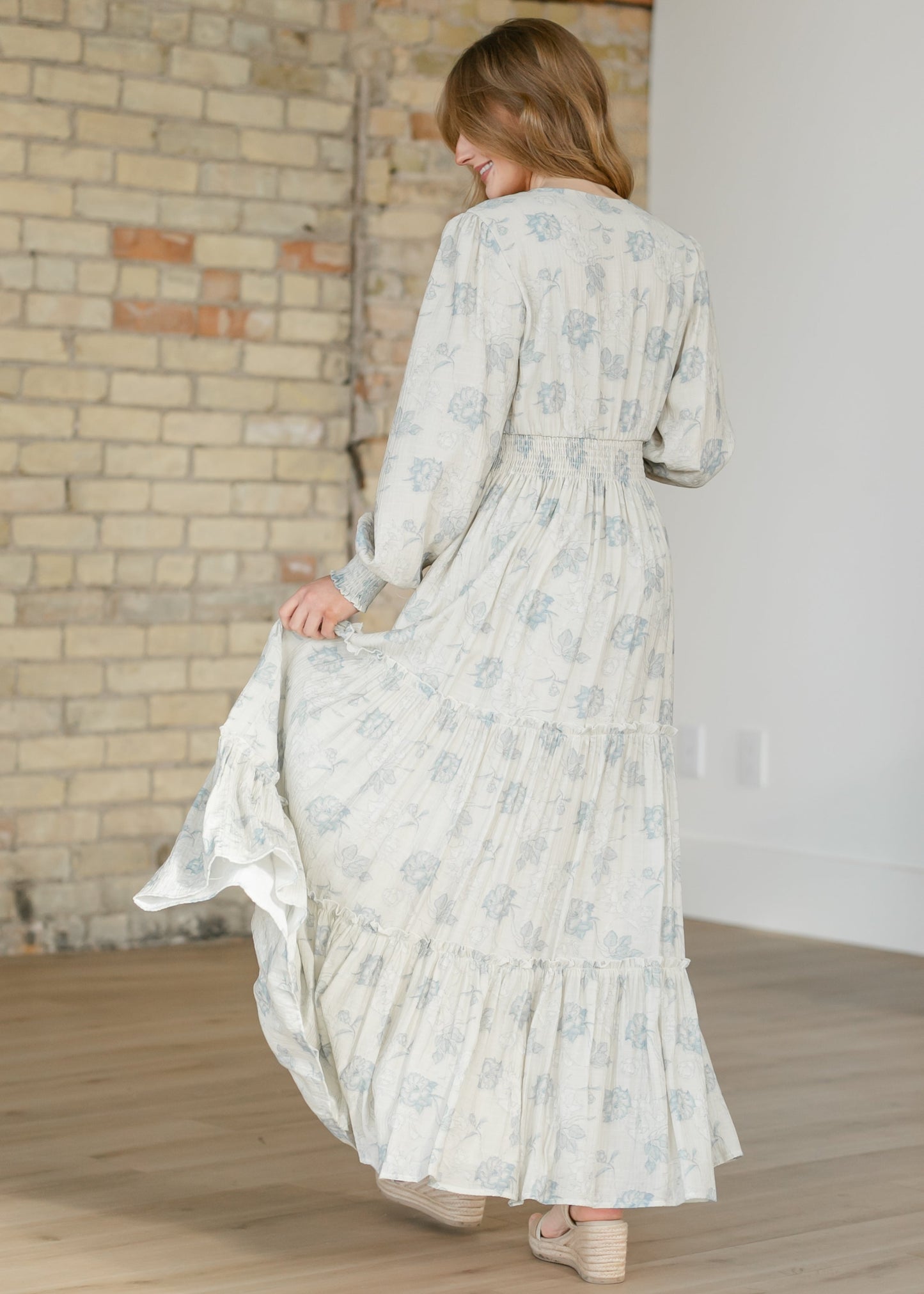 Jacey Blue Long Sleeve Smocked Waist Maxi Dress