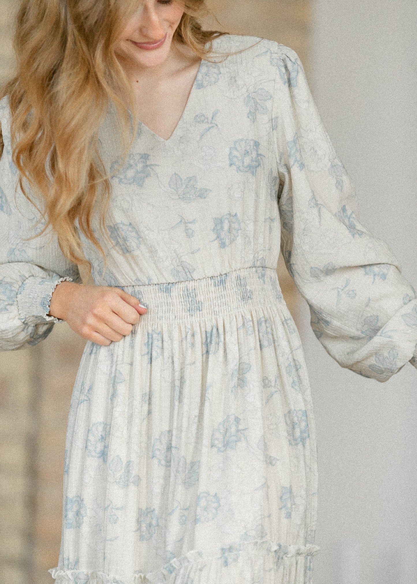 Jacey Blue Long Sleeve Smocked Waist Maxi Dress