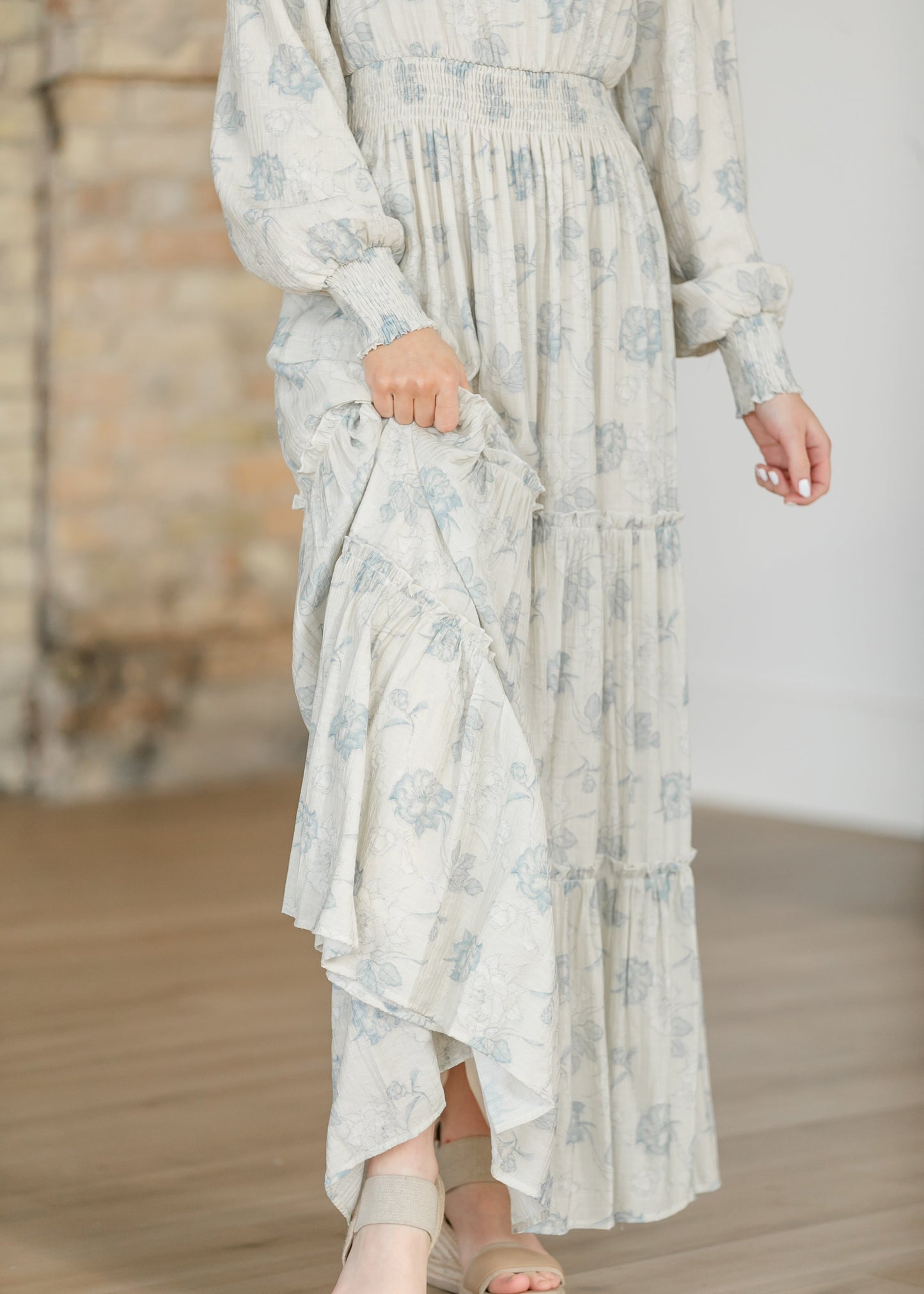 Jacey Blue Long Sleeve Smocked Waist Maxi Dress