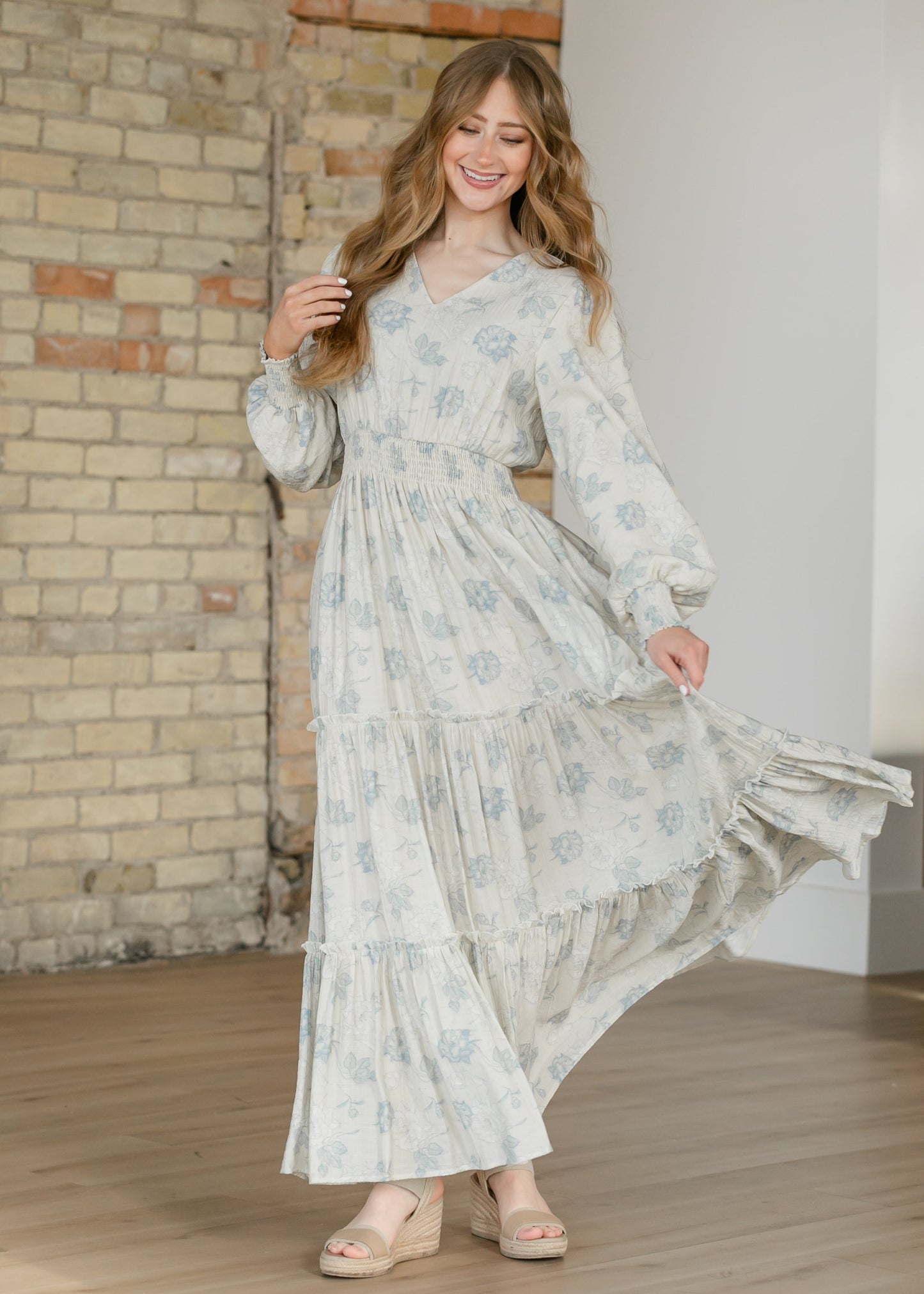 Jacey Blue Long Sleeve Smocked Waist Maxi Dress