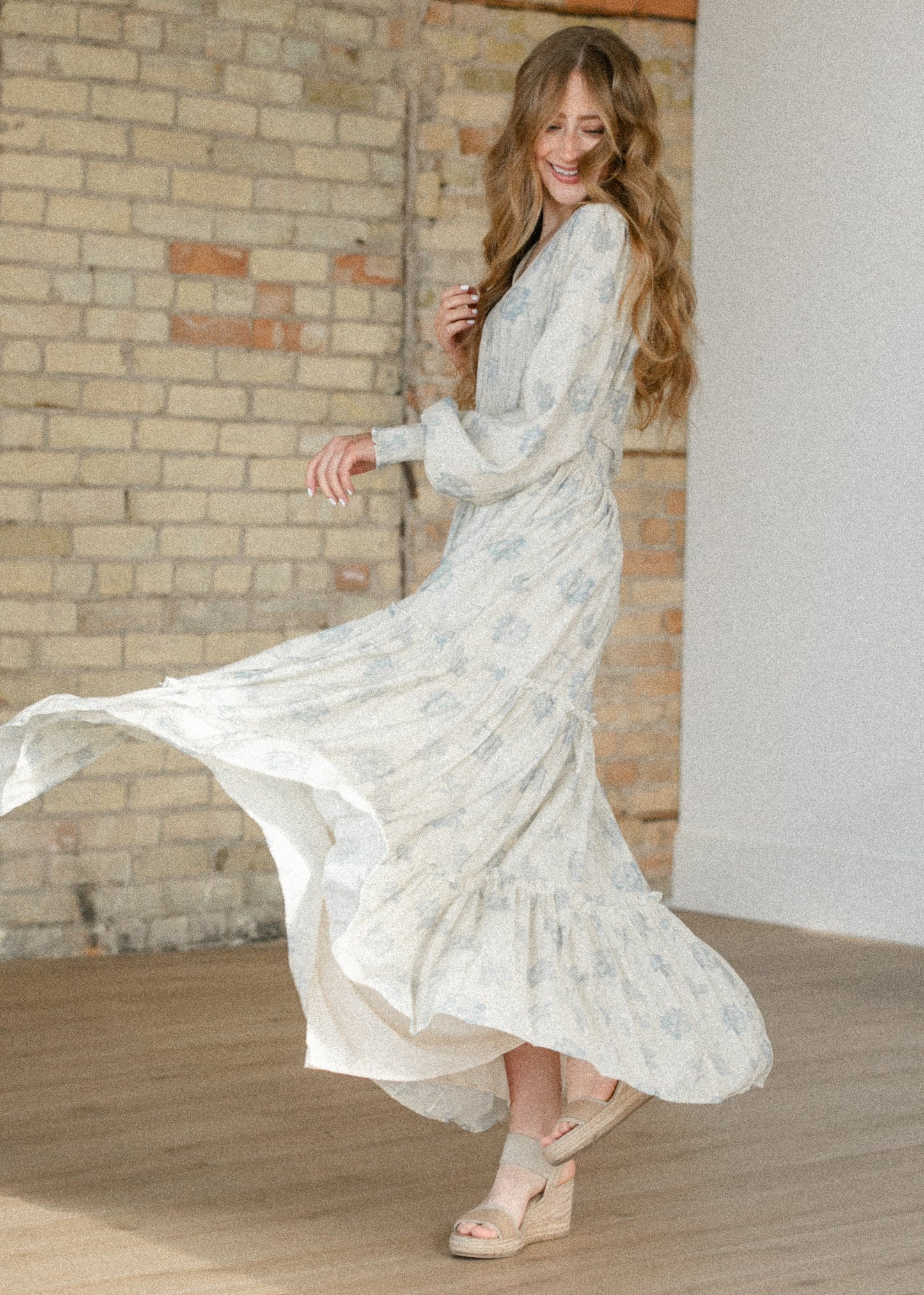 Jacey Blue Long Sleeve Smocked Waist Maxi Dress