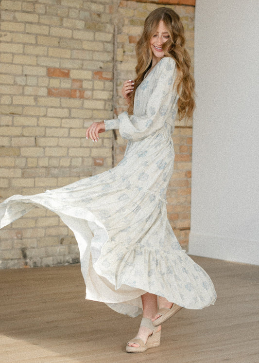 Jacey Blue Long Sleeve Smocked Waist Maxi Dress