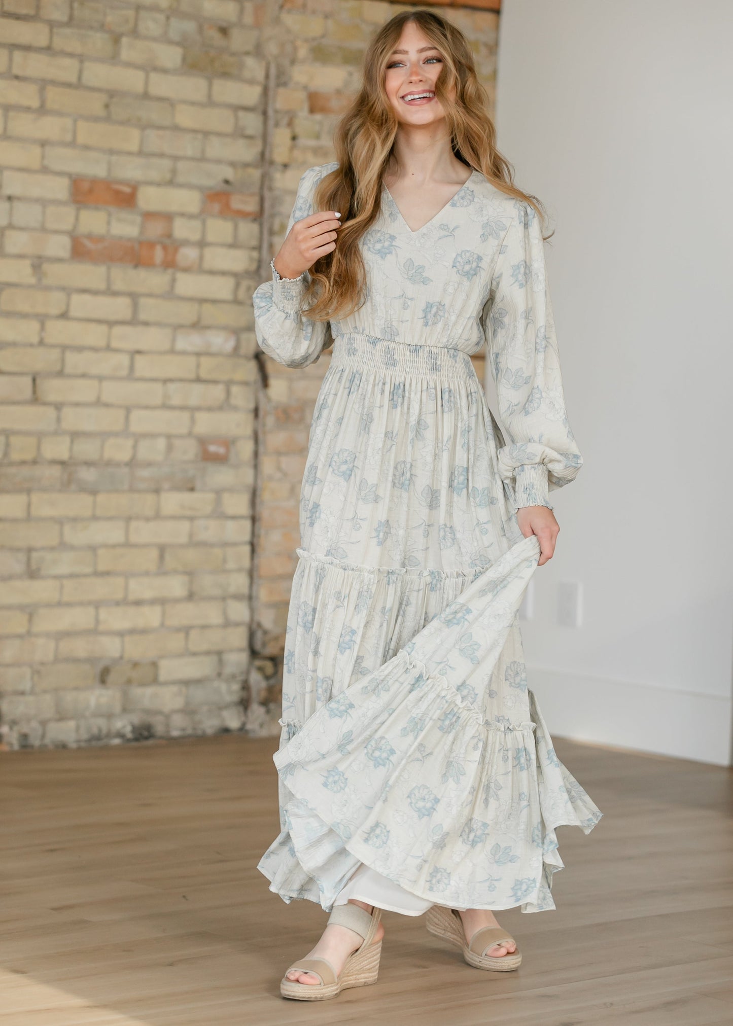 Jacey Blue Long Sleeve Smocked Waist Maxi Dress