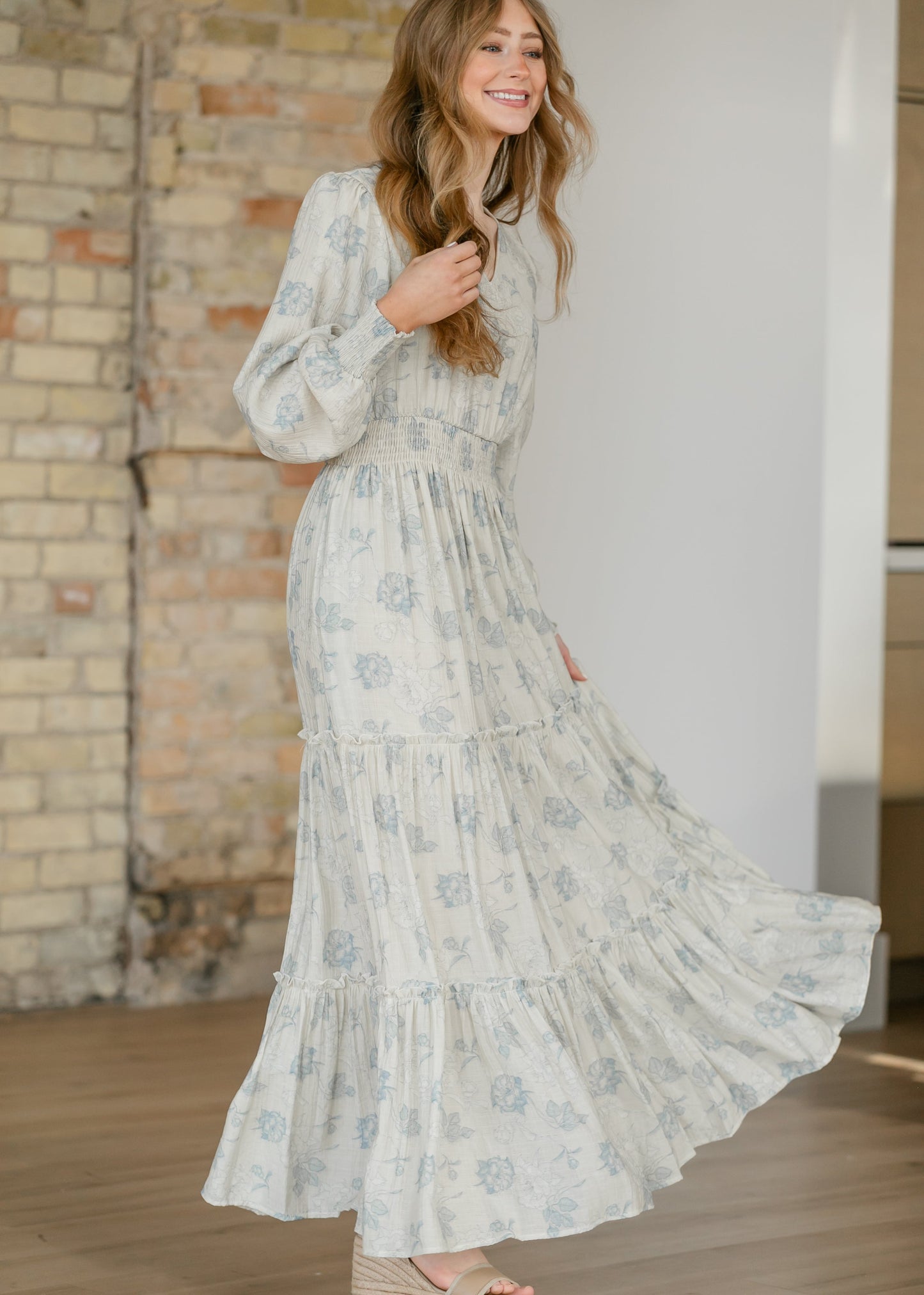 Jacey Blue Long Sleeve Smocked Waist Maxi Dress
