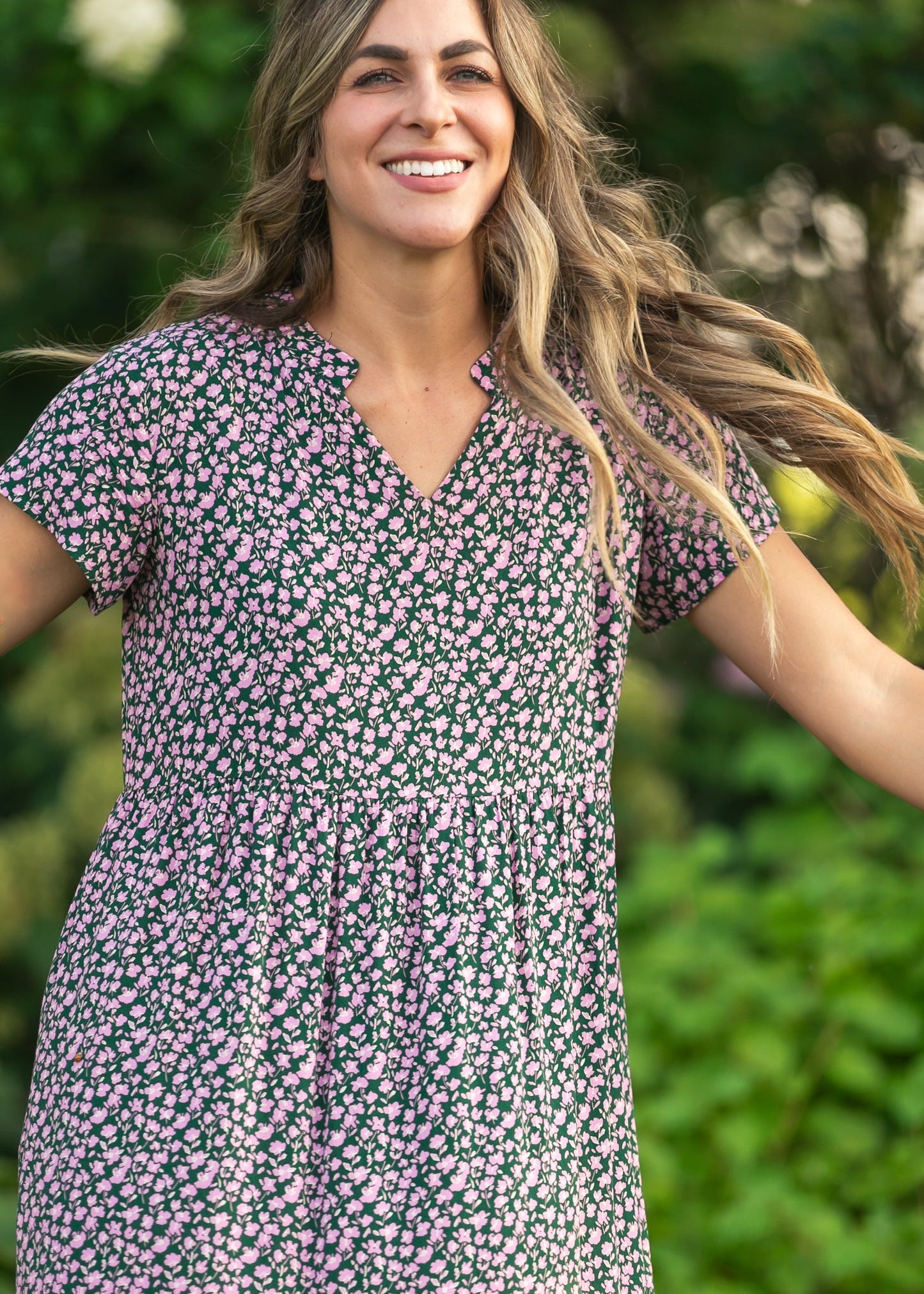 Jaydrien Pink Floral Short Sleeve Midi Dress