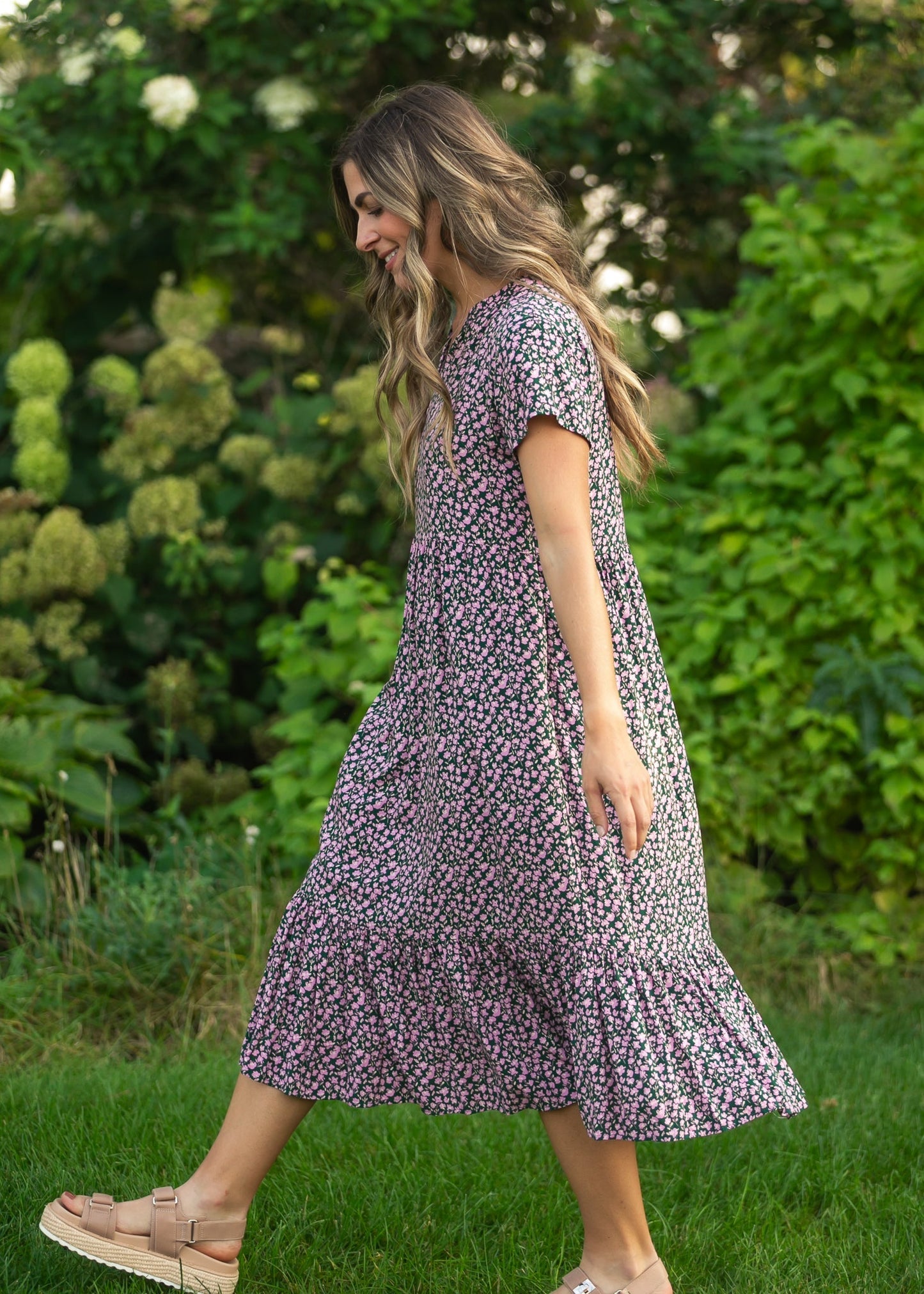 Jaydrien Pink Floral Short Sleeve Midi Dress