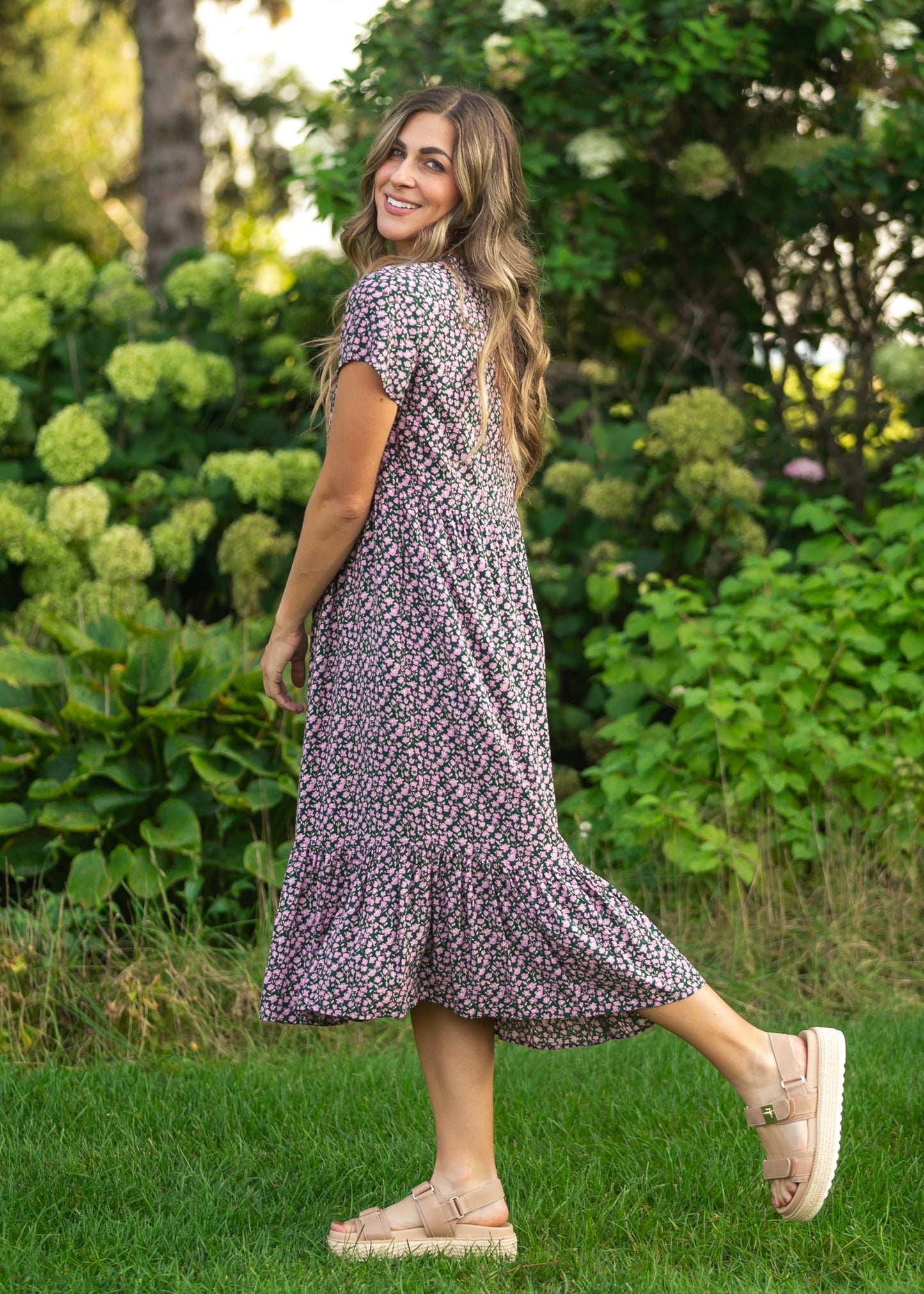 Jaydrien Pink Floral Short Sleeve Midi Dress