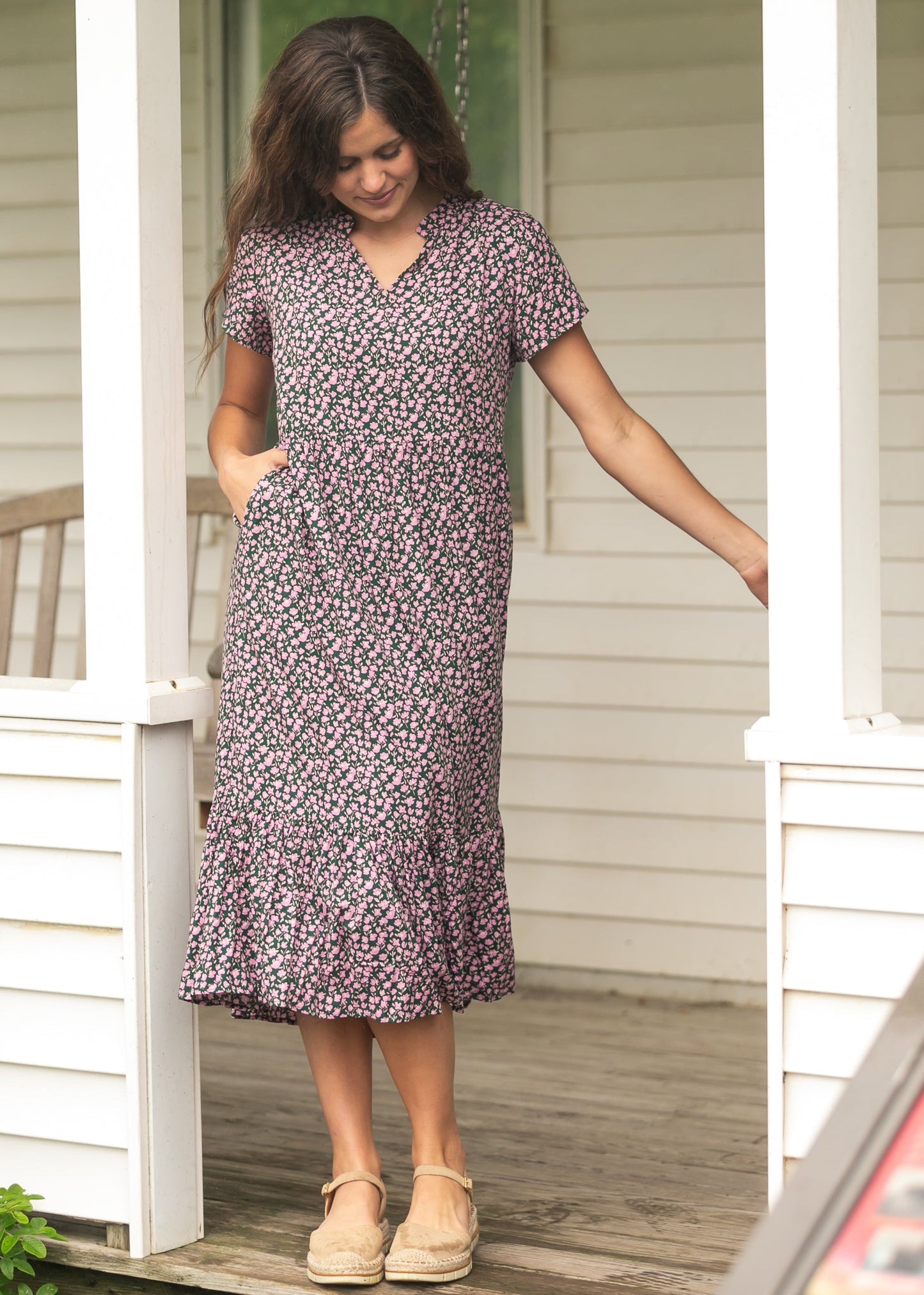 Jaydrien Pink Floral Short Sleeve Midi Dress