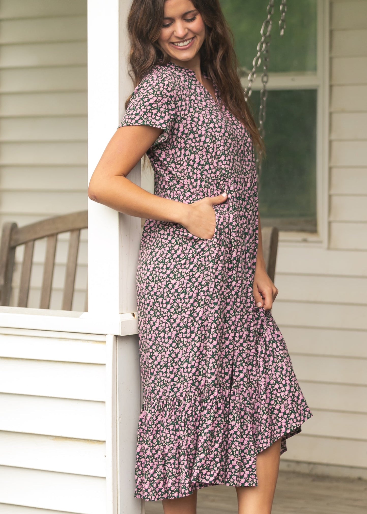 Jaydrien Pink Floral Short Sleeve Midi Dress