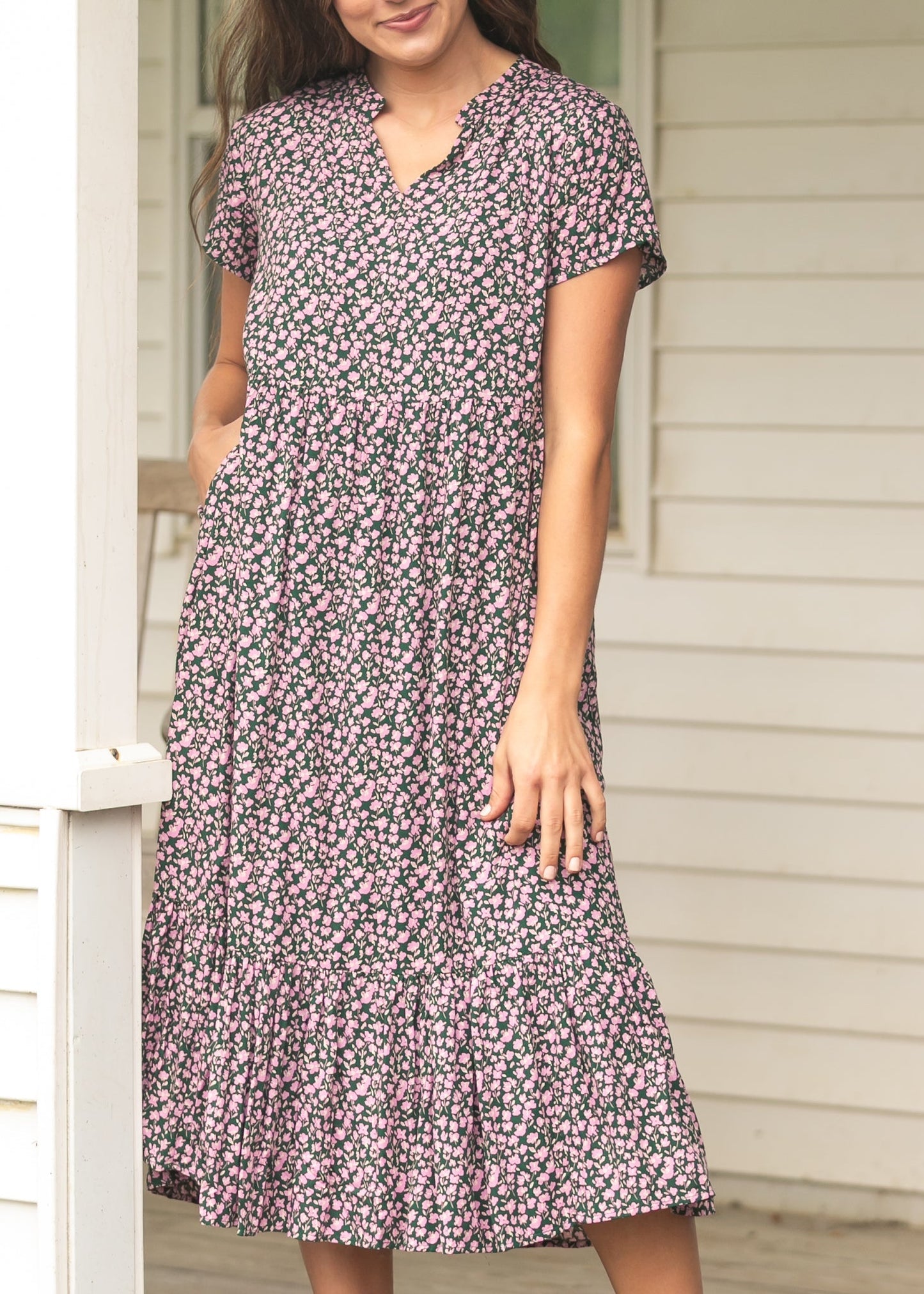 Jaydrien Pink Floral Short Sleeve Midi Dress