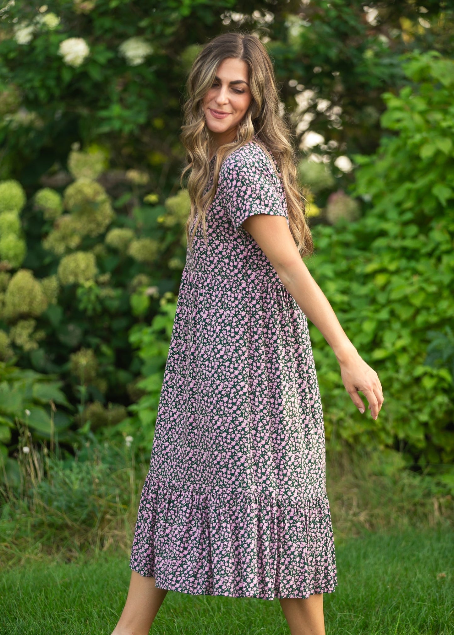 Jaydrien Pink Floral Short Sleeve Midi Dress