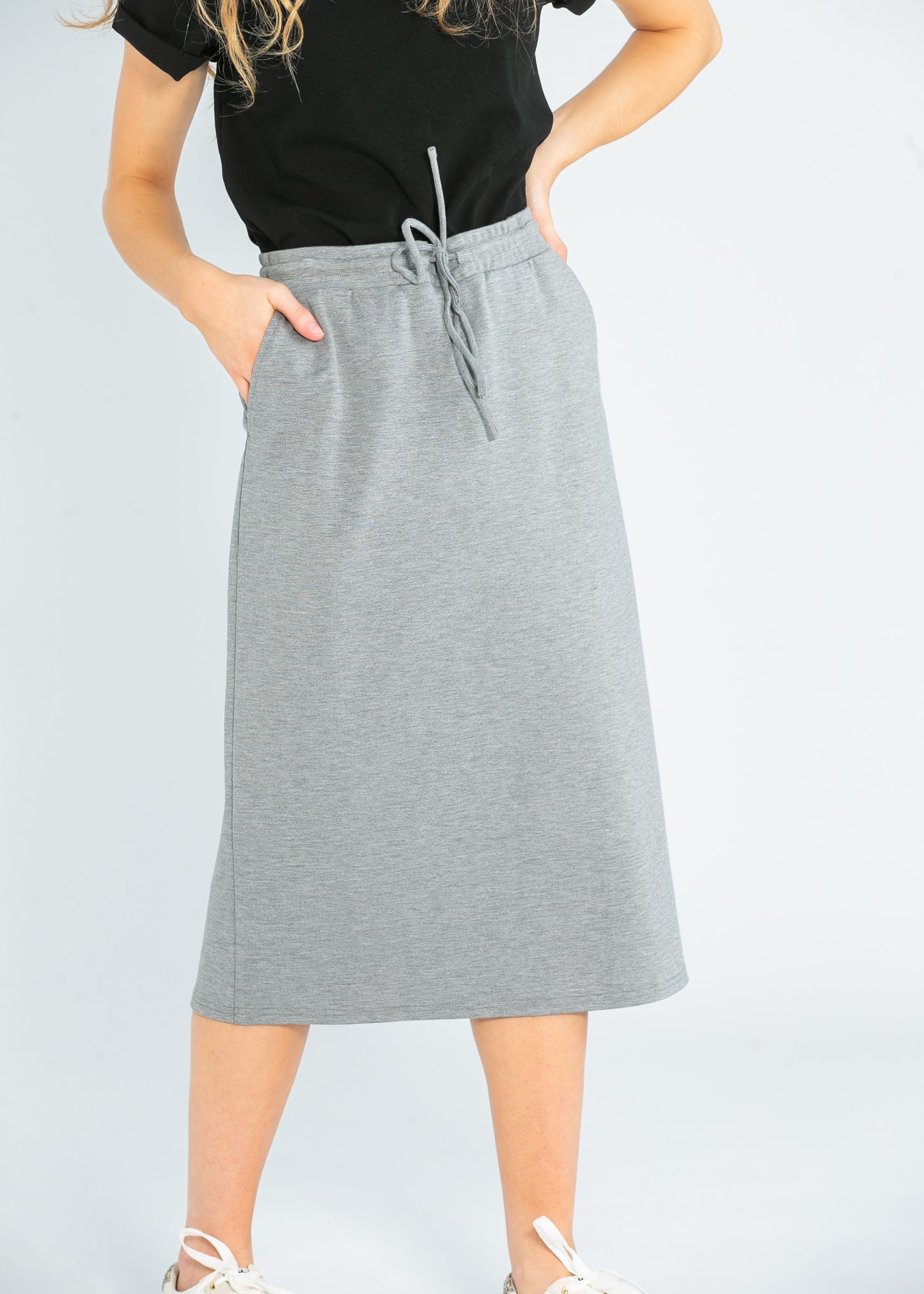 Jordan Gray Pinstripe Knit Midi Skirt