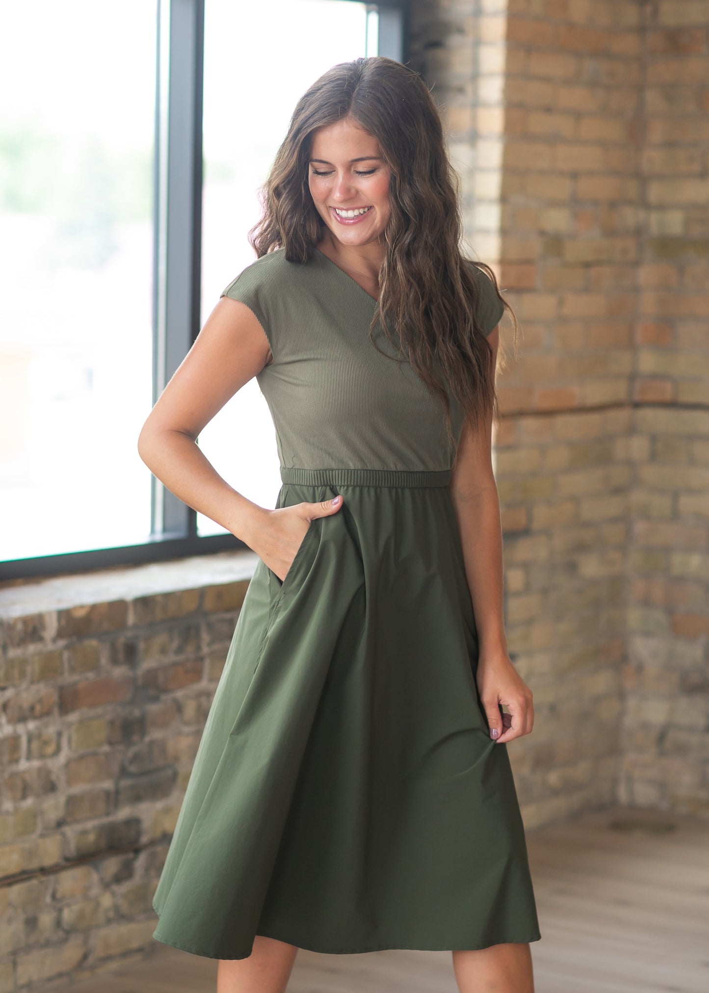 Kate Olive Cap Sleeve Midi Dress