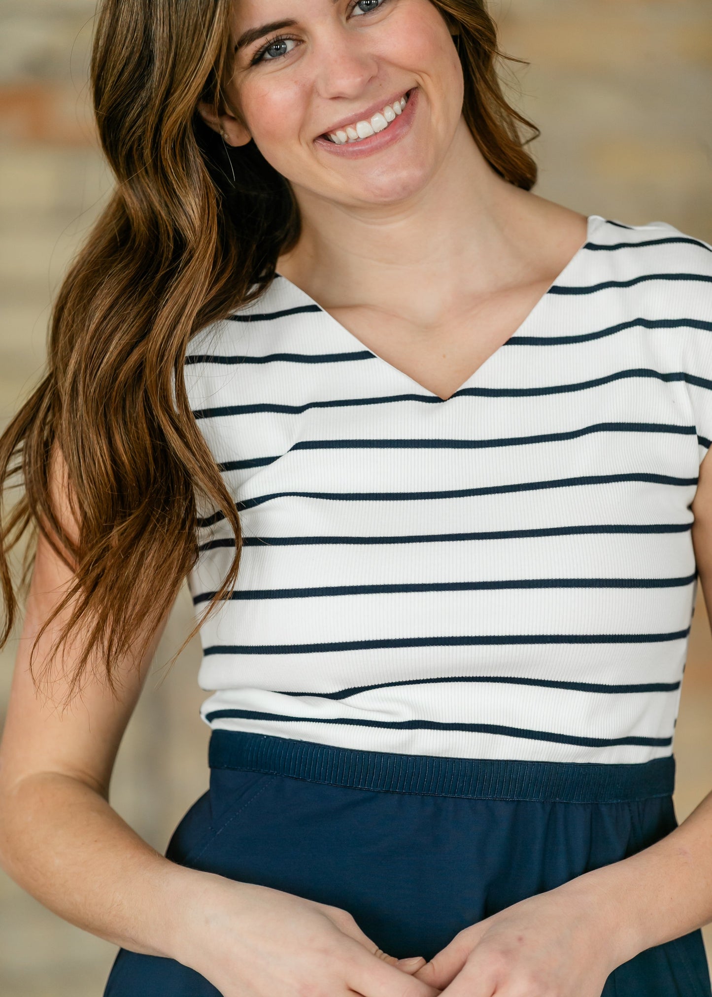 Kate Navy Stripe Cap Sleeve Midi Dress
