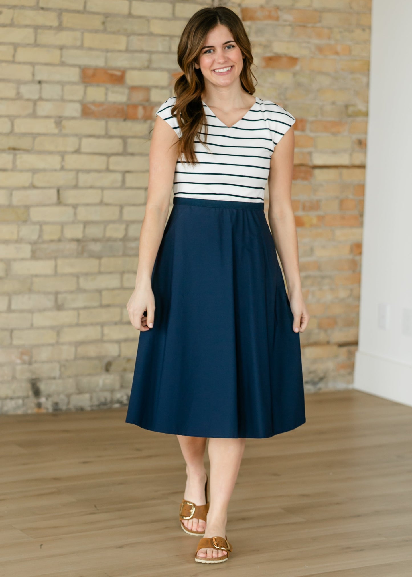 Kate Navy Stripe Cap Sleeve Midi Dress