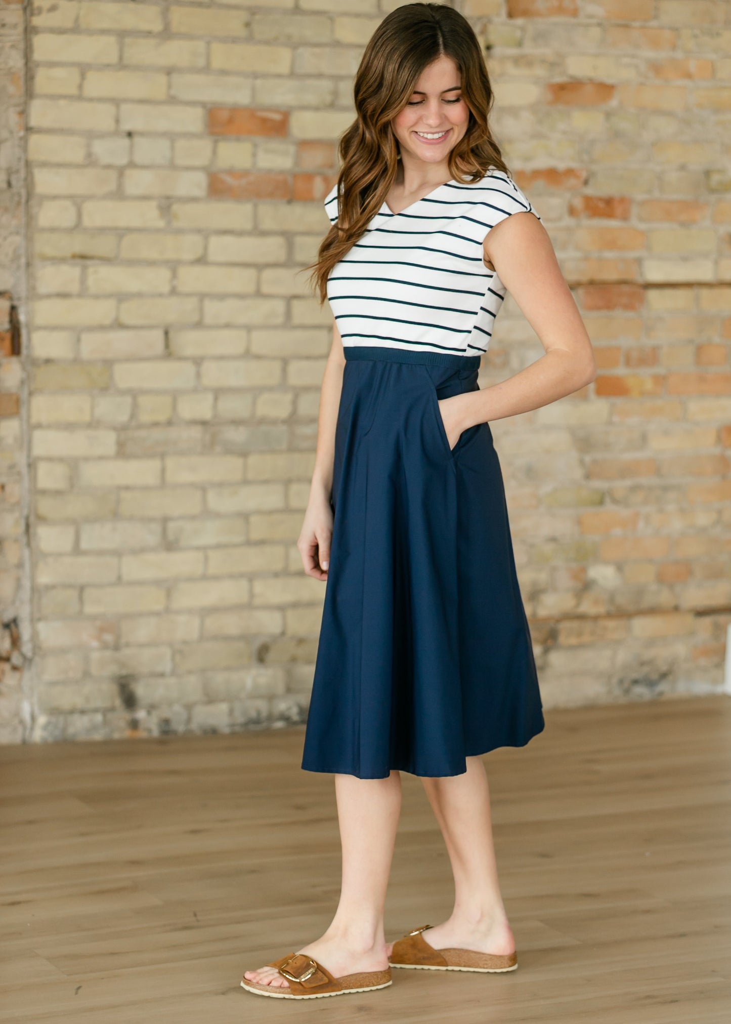 Kate Navy Stripe Cap Sleeve Midi Dress