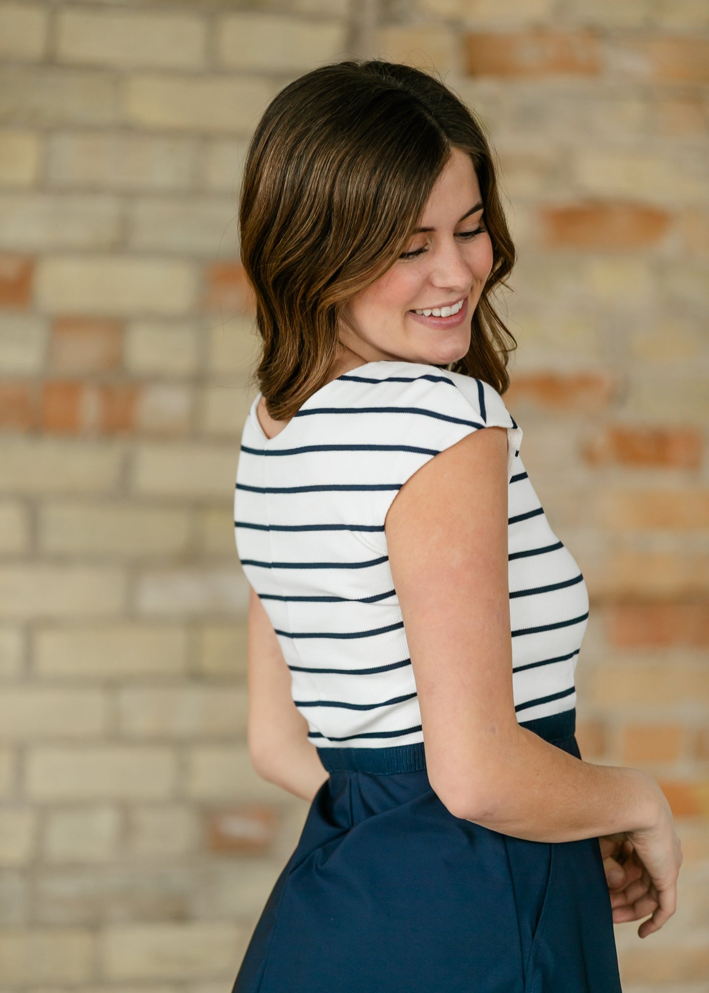 Kate Navy Stripe Cap Sleeve Midi Dress