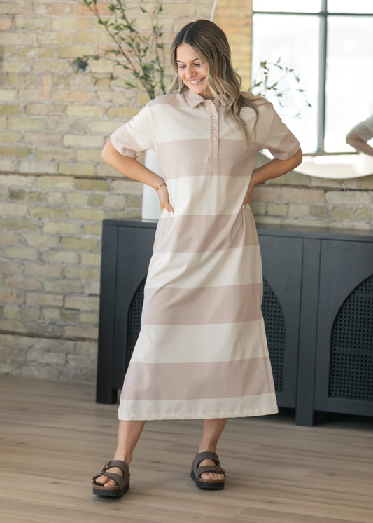 Khaki Contrast Collar Striped Maxi Dress