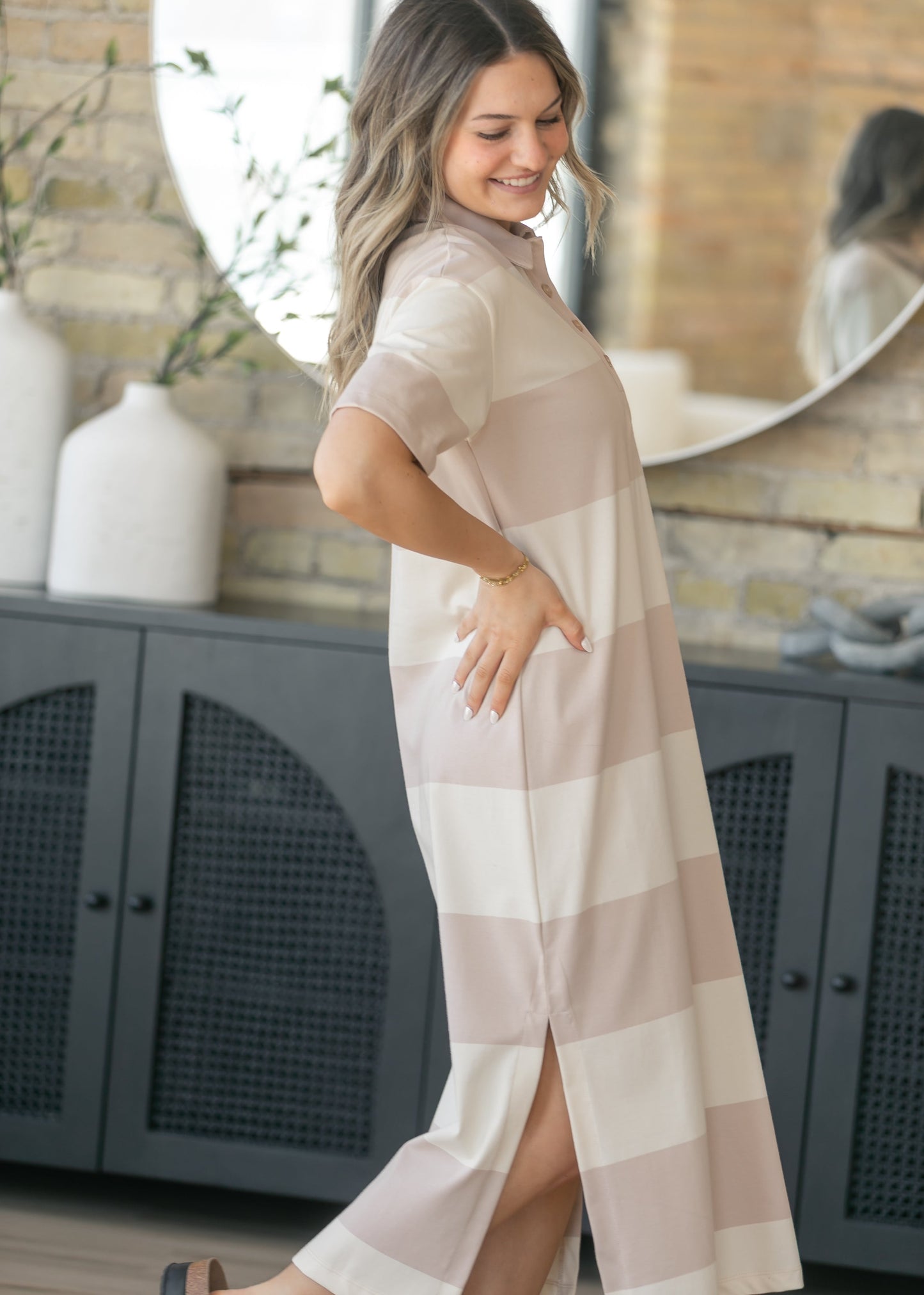 Khaki Contrast Collar Striped Maxi Dress