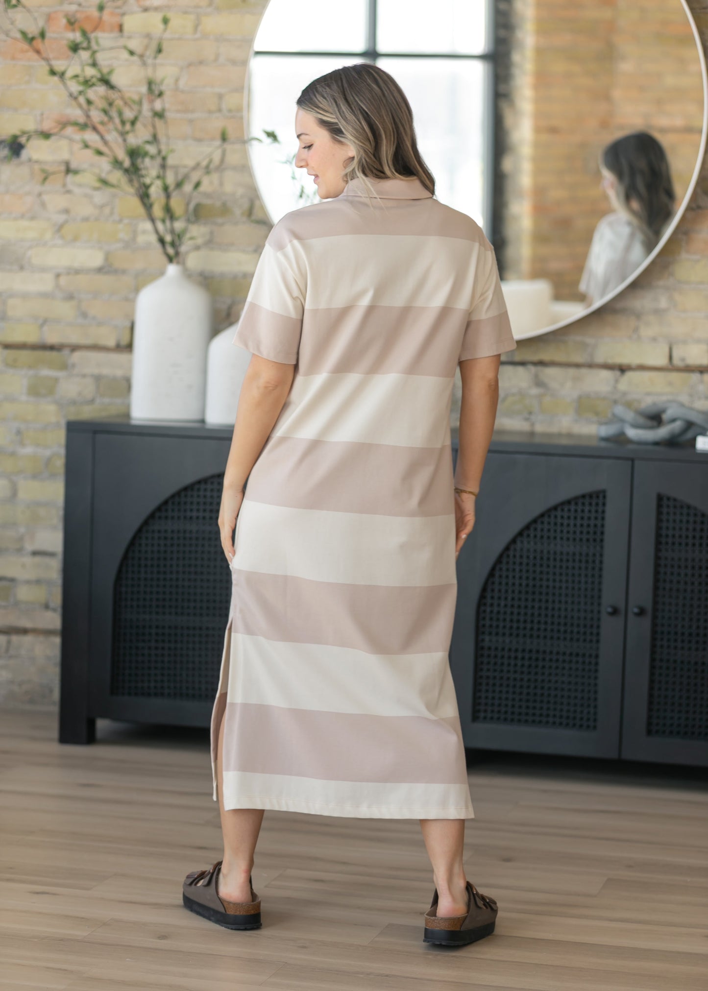 Khaki Contrast Collar Striped Maxi Dress