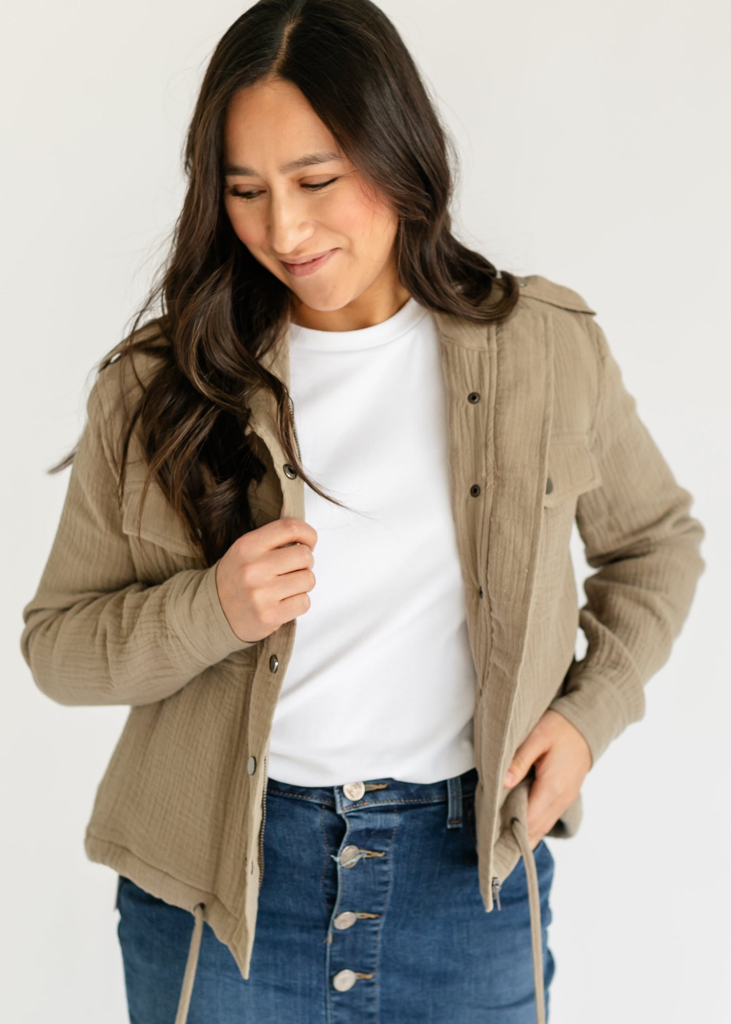 elan Khaki Gauze Snap Front Jacket - FINAL SALE
