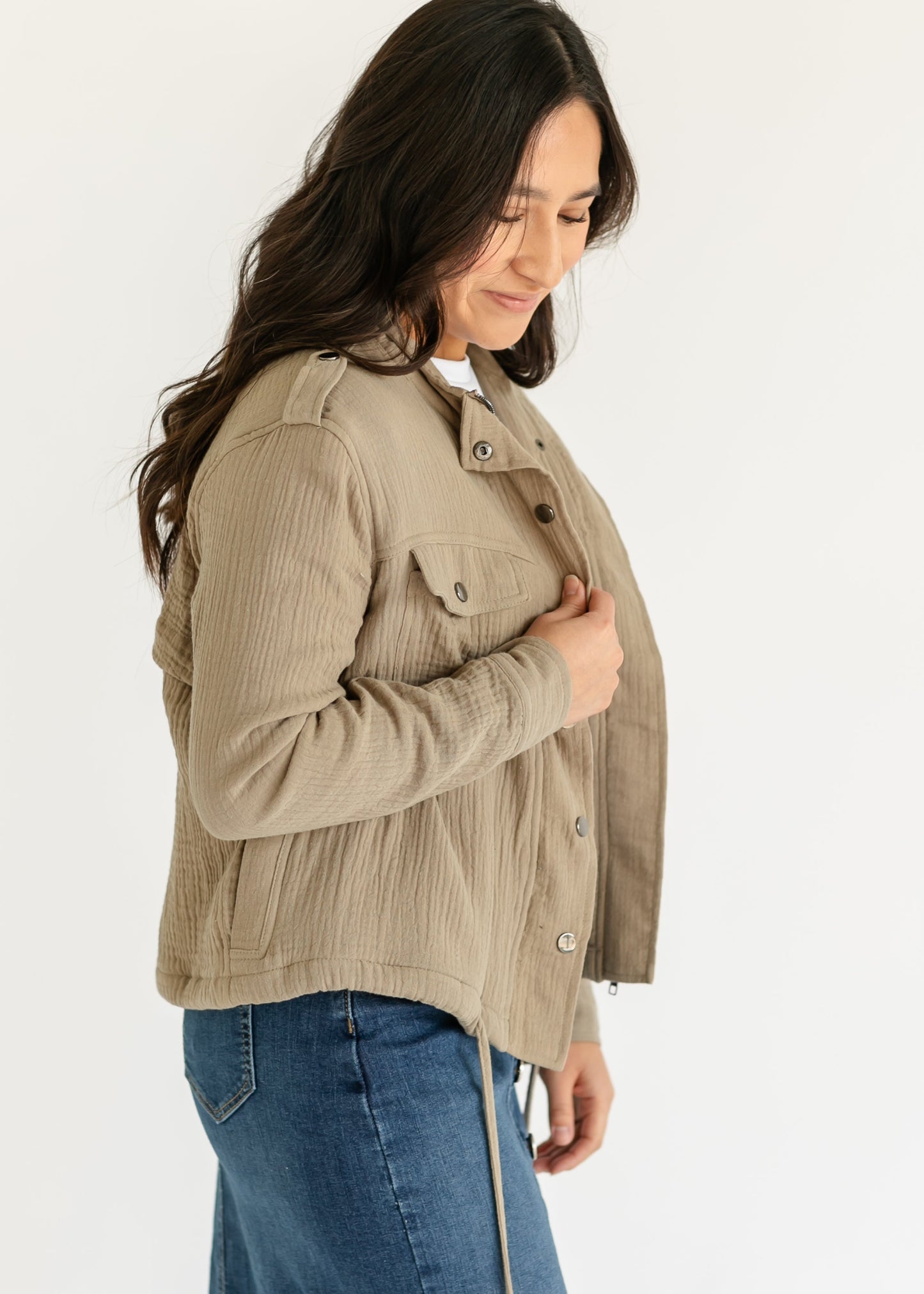 elan Khaki Gauze Snap Front Jacket - FINAL SALE