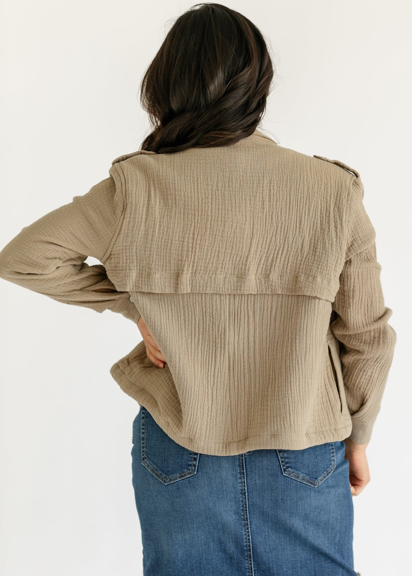 elan Khaki Gauze Snap Front Jacket - FINAL SALE