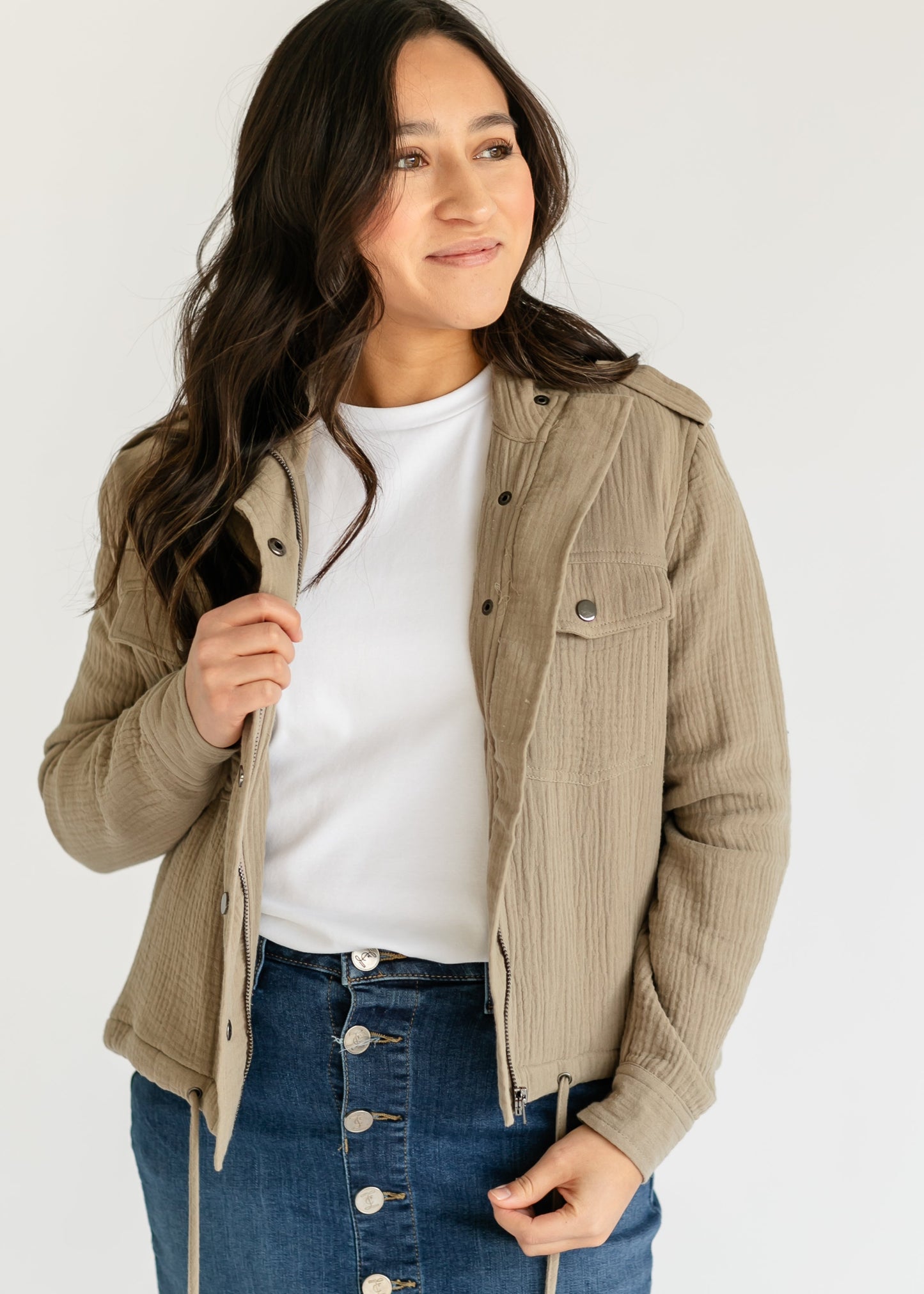 elan Khaki Gauze Snap Front Jacket - FINAL SALE