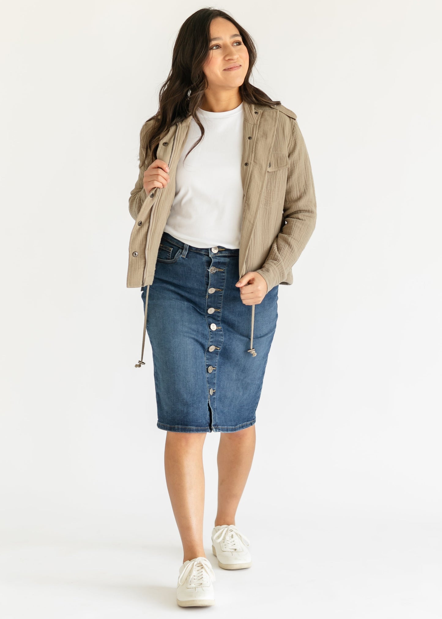 elan Khaki Gauze Snap Front Jacket - FINAL SALE