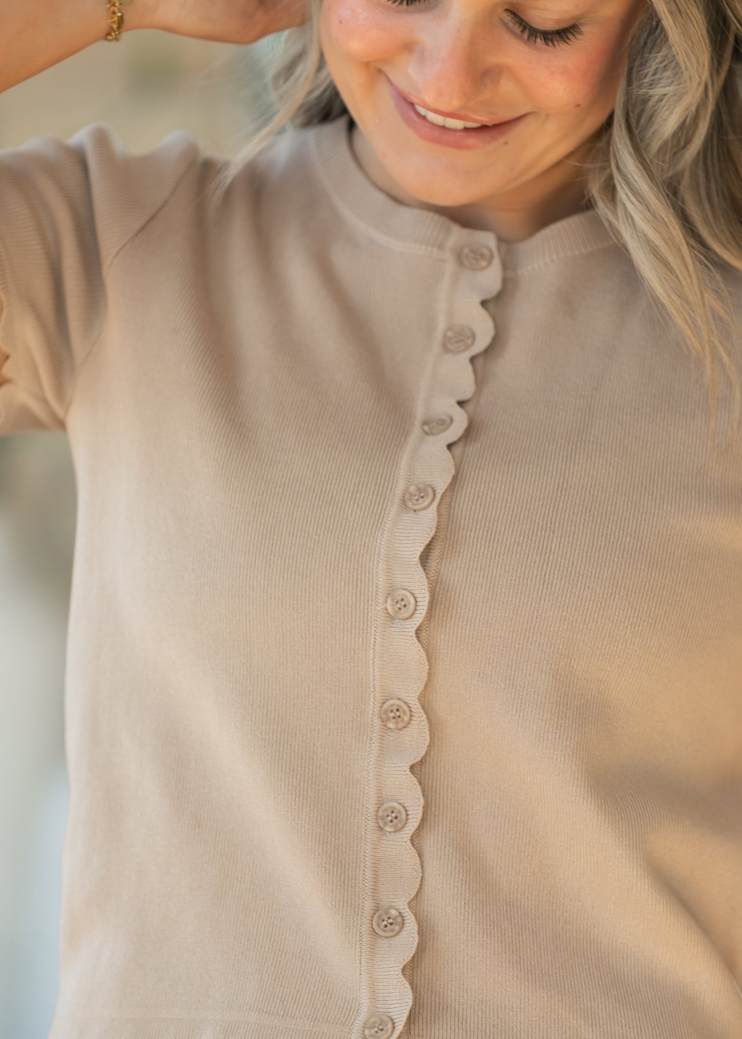 Khaki Scalloped Edge Knit Cardigan