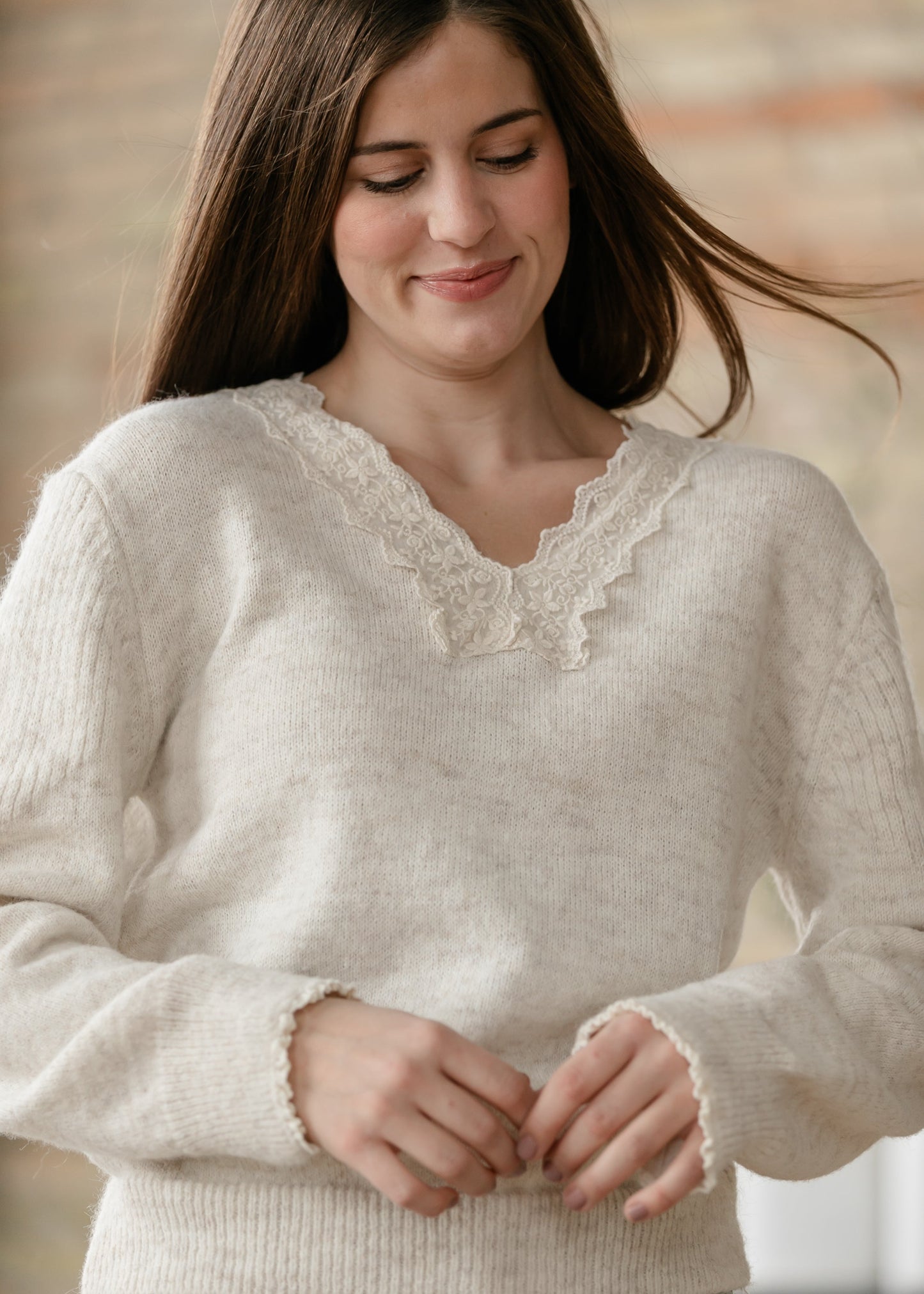 Knit Heathered Lace Trim Sweater