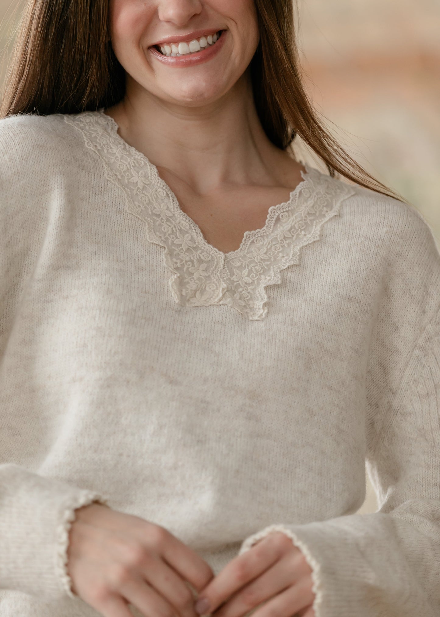 Knit Heathered Lace Trim Sweater